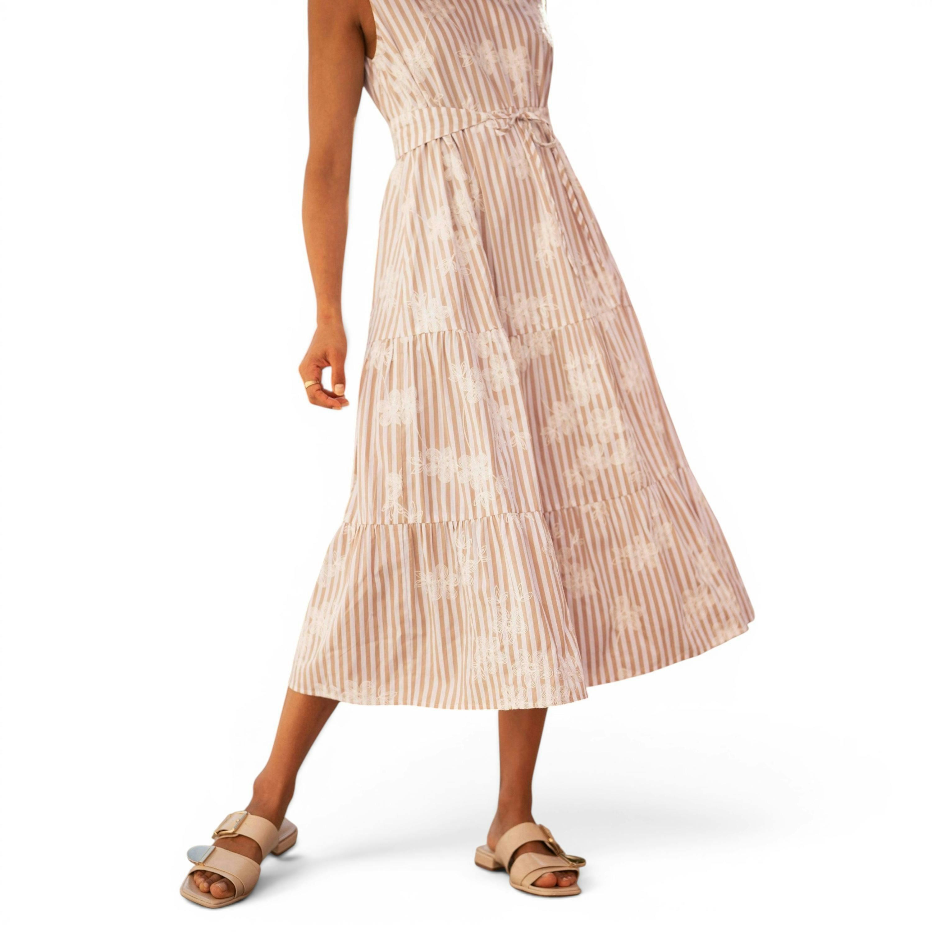 Yumi Brown Stripe With Embroidered Flower Cotton Dress , view 4 of 6