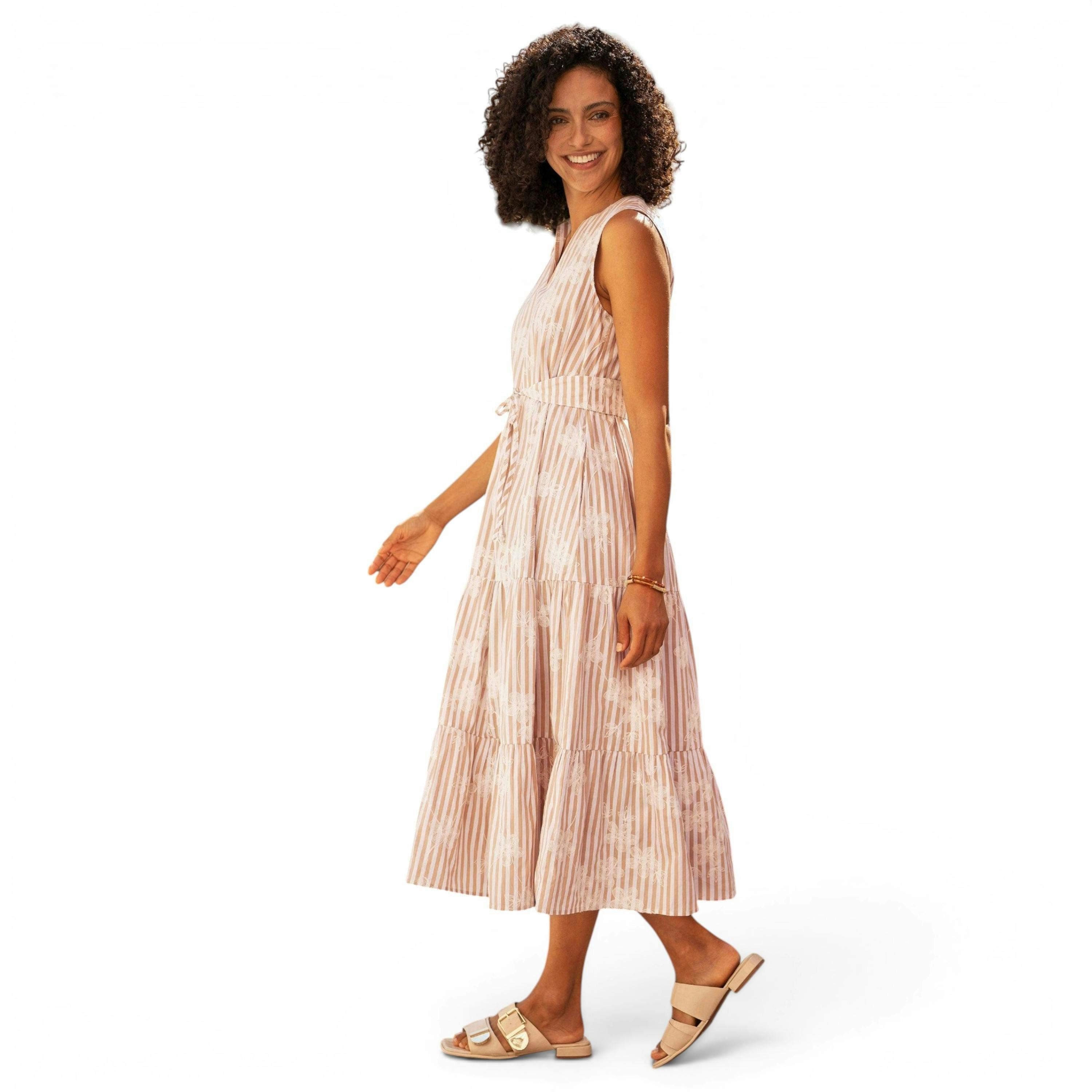 Yumi Brown Stripe With Embroidered Flower Cotton Dress , view 5 of 6