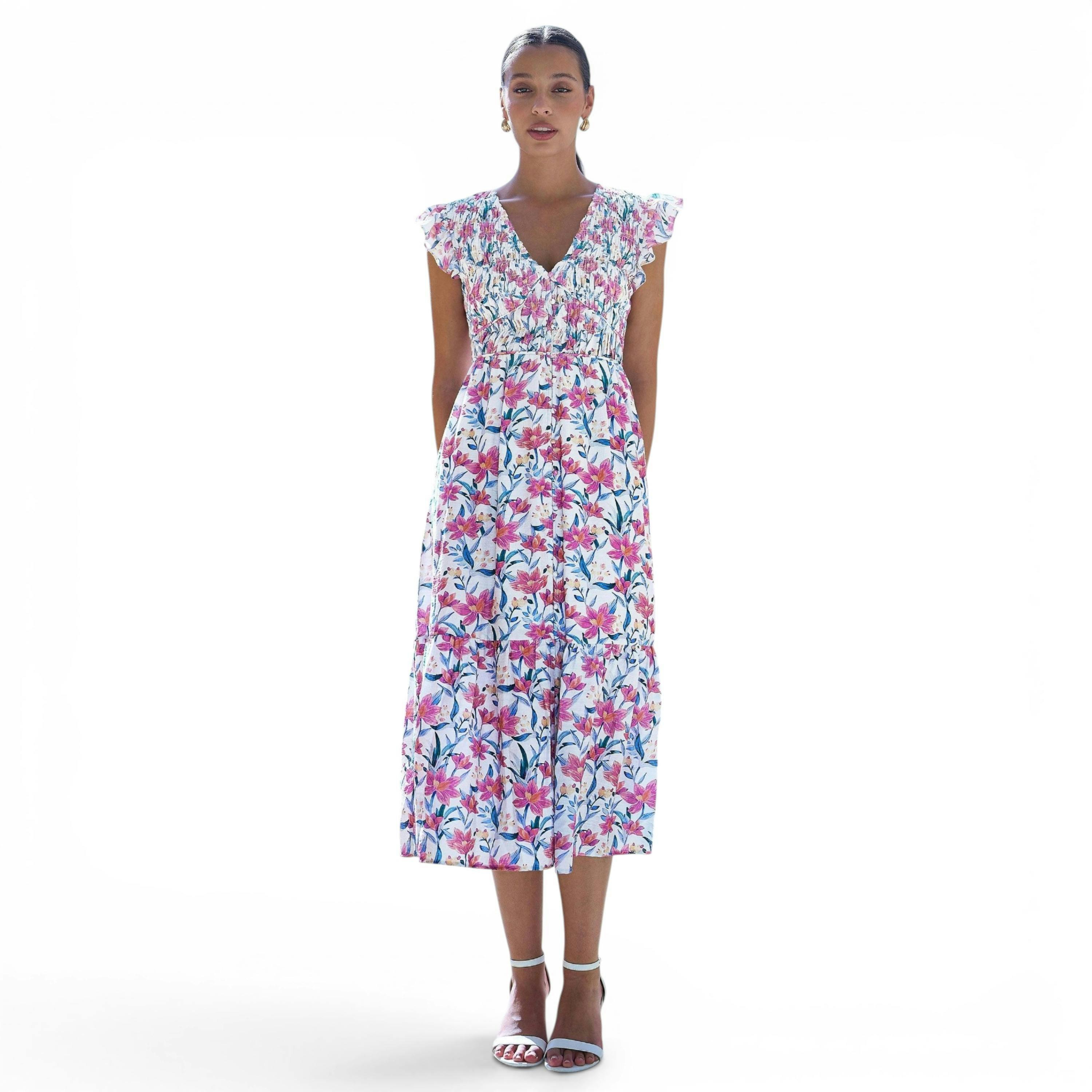 Yumi White Viscose Floral Ruched Waist Midi Dress , view 1 of 6