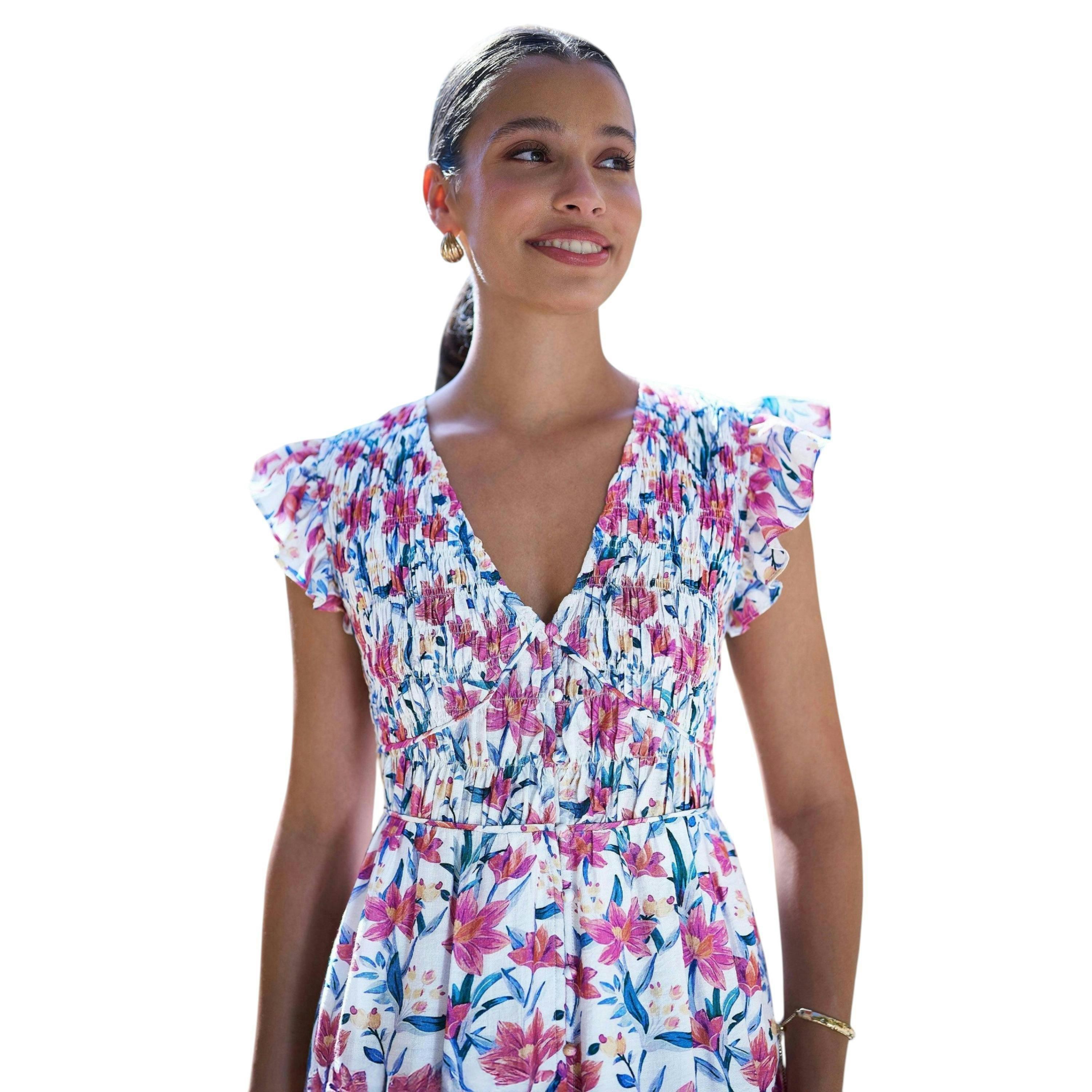 Yumi White Viscose Floral Ruched Waist Midi Dress , view 2 of 6