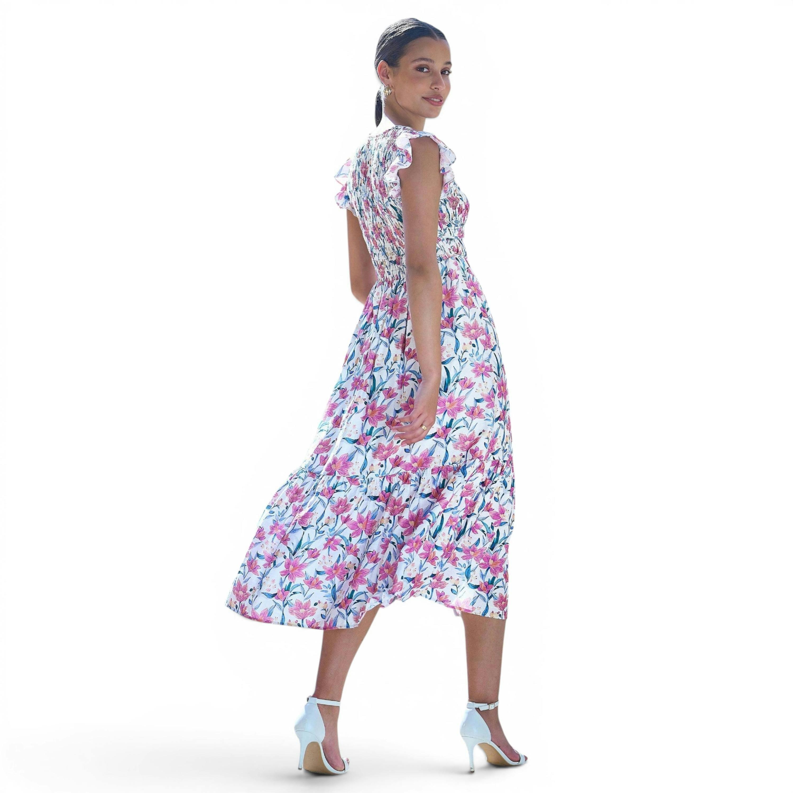 Yumi White Viscose Floral Ruched Waist Midi Dress , view 3 of 6