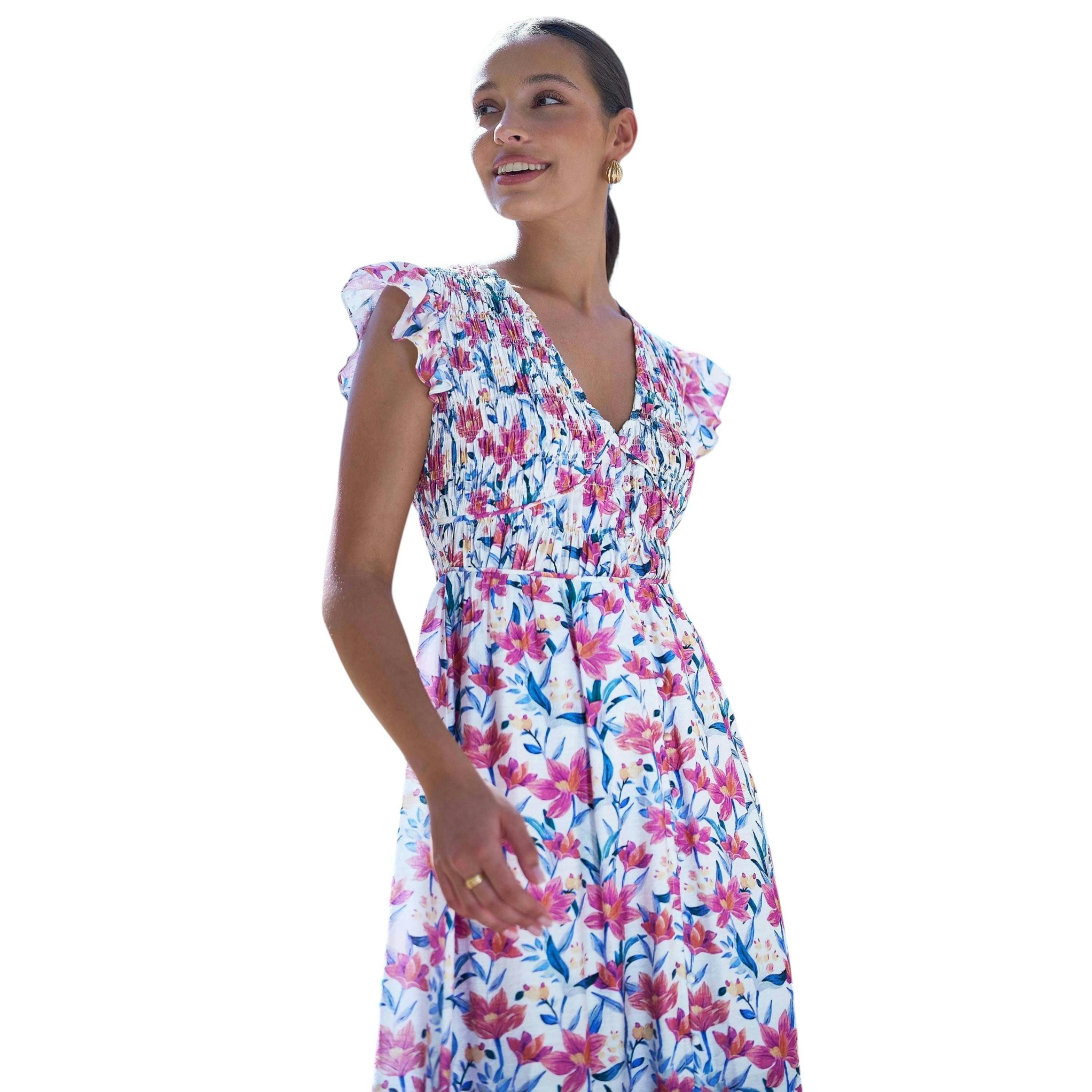 Yumi White Viscose Floral Ruched Waist Midi Dress , view 4 of 6