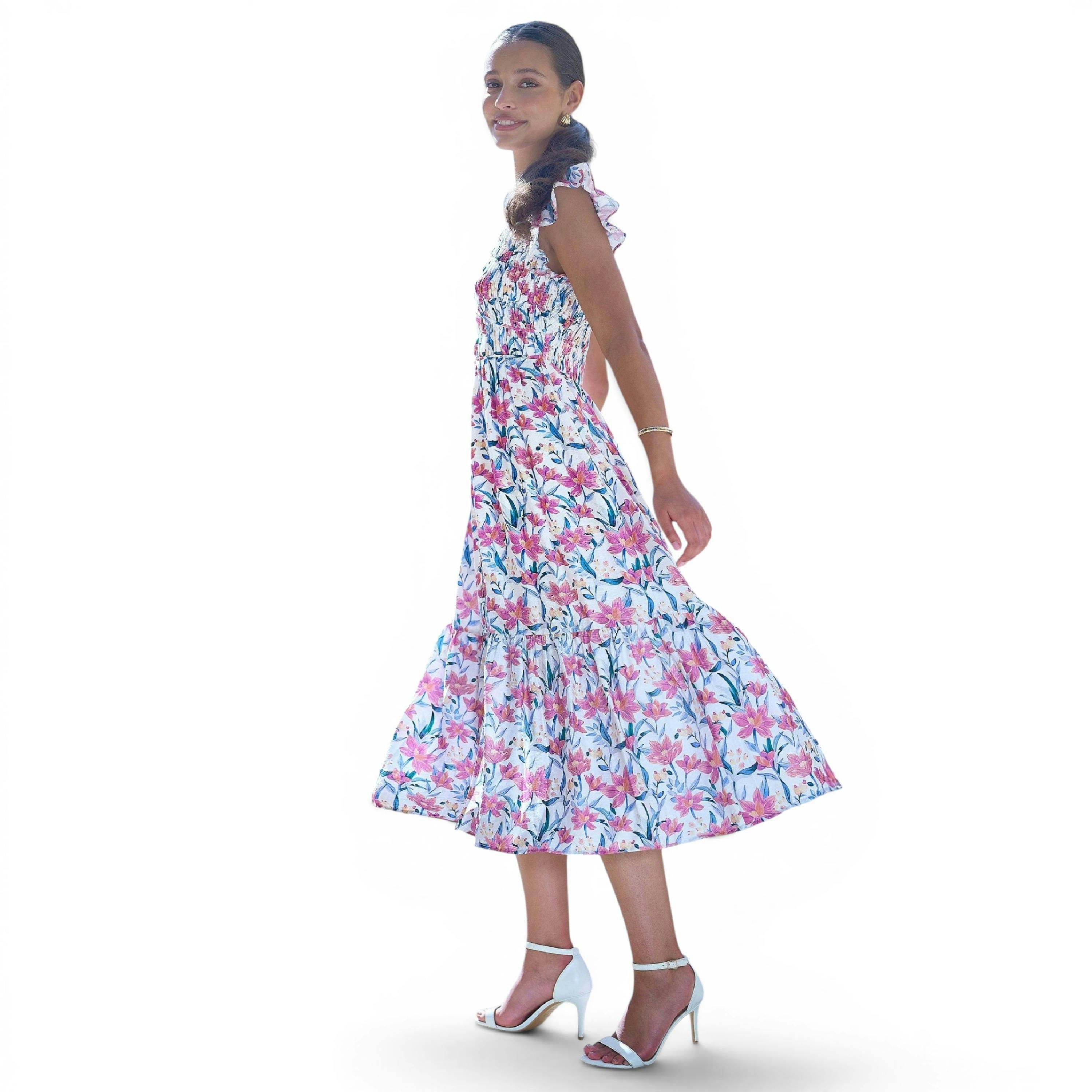 Yumi White Viscose Floral Ruched Waist Midi Dress , view 5 of 6