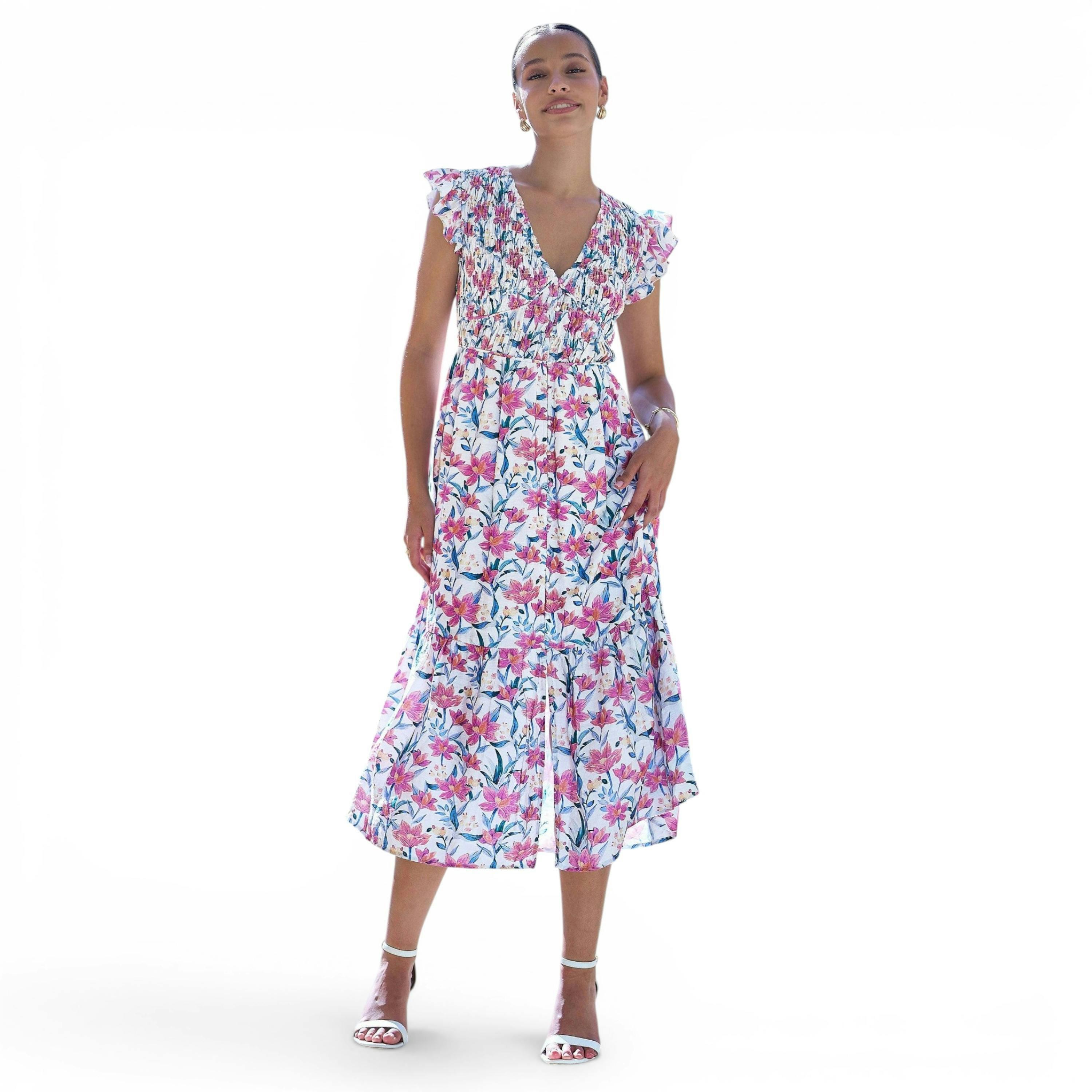 Yumi White Viscose Floral Ruched Waist Midi Dress , view 6 of 6