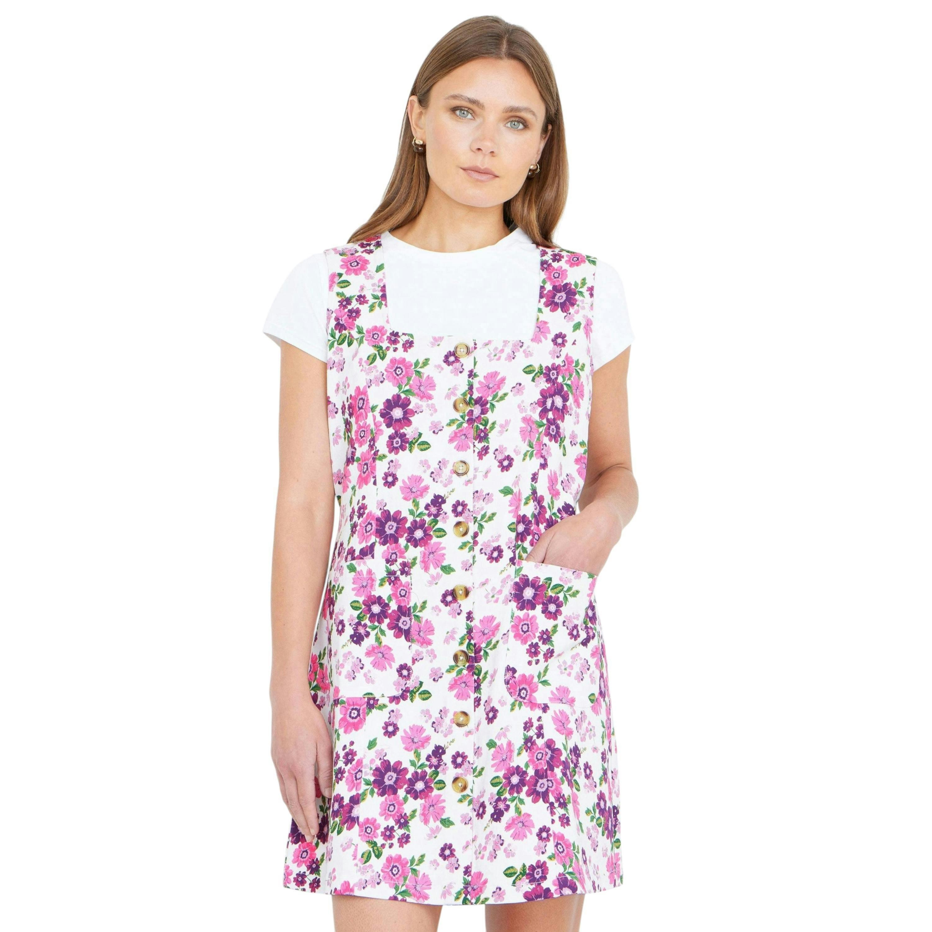 Yumi Pink Retro Floral Cotton Stretch Pinafore Dress , view 4 of 6