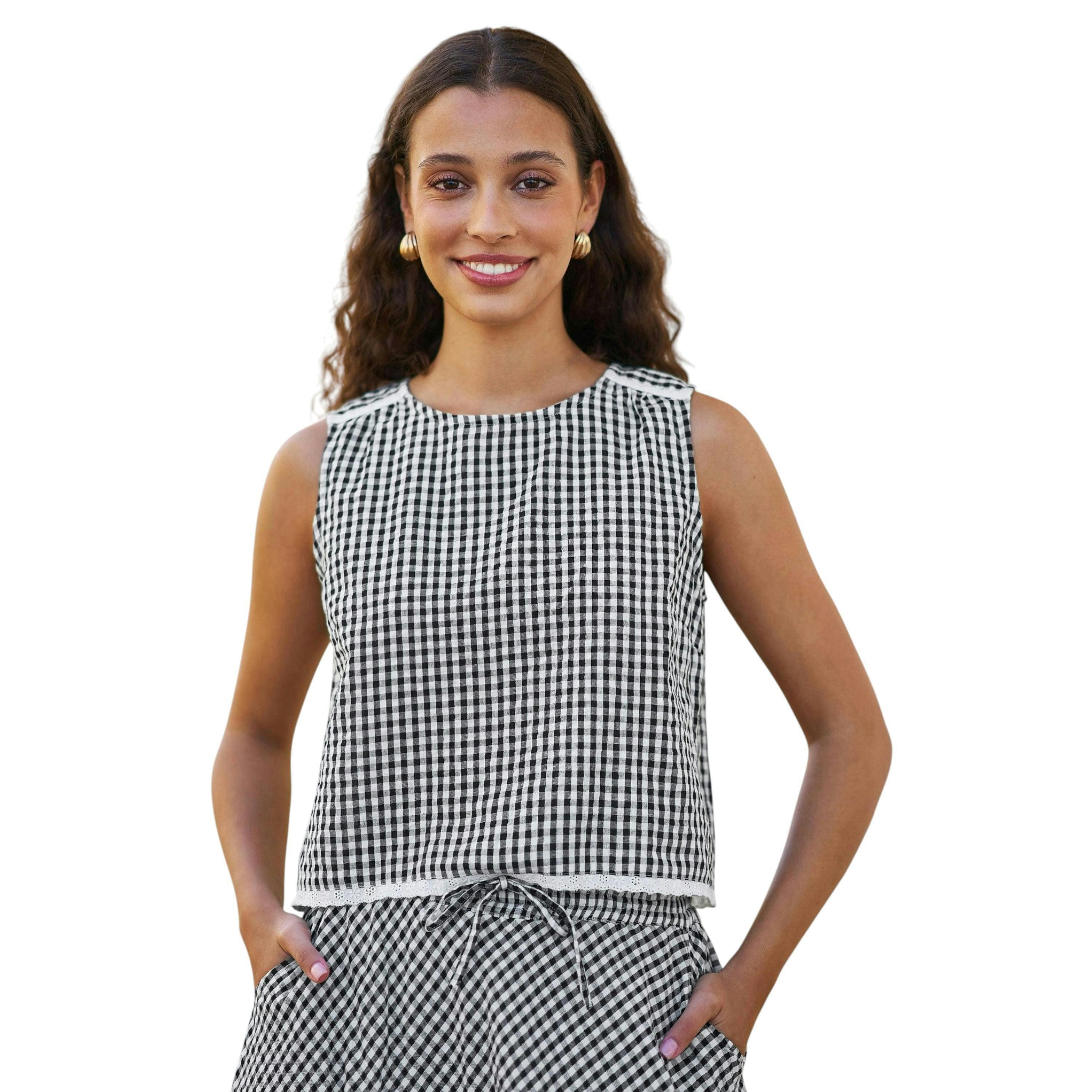 Yumi Black Gingham Cotton Top With Lace Trims , view 1 of 6