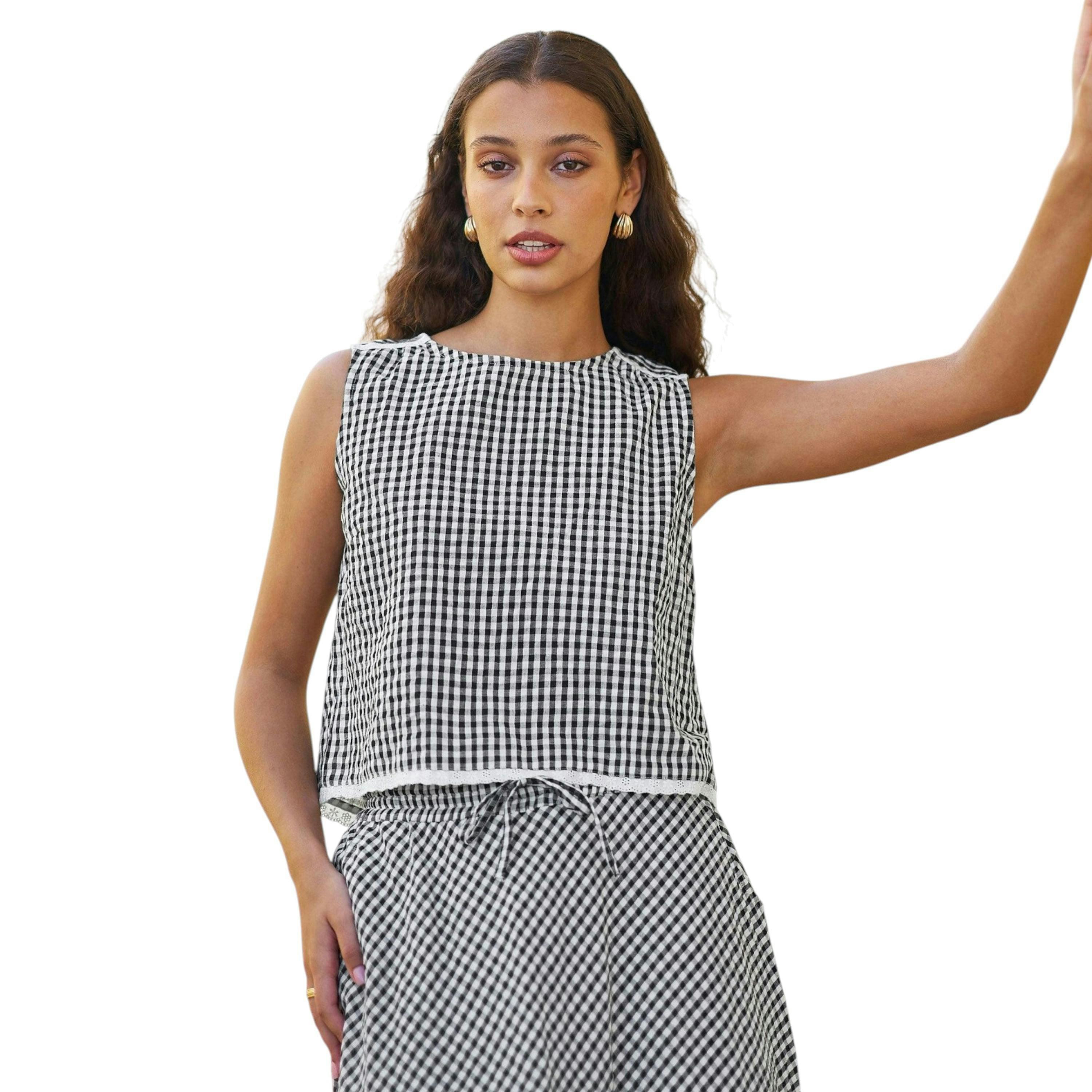 Yumi Black Gingham Cotton Top With Lace Trims , view 2 of 6