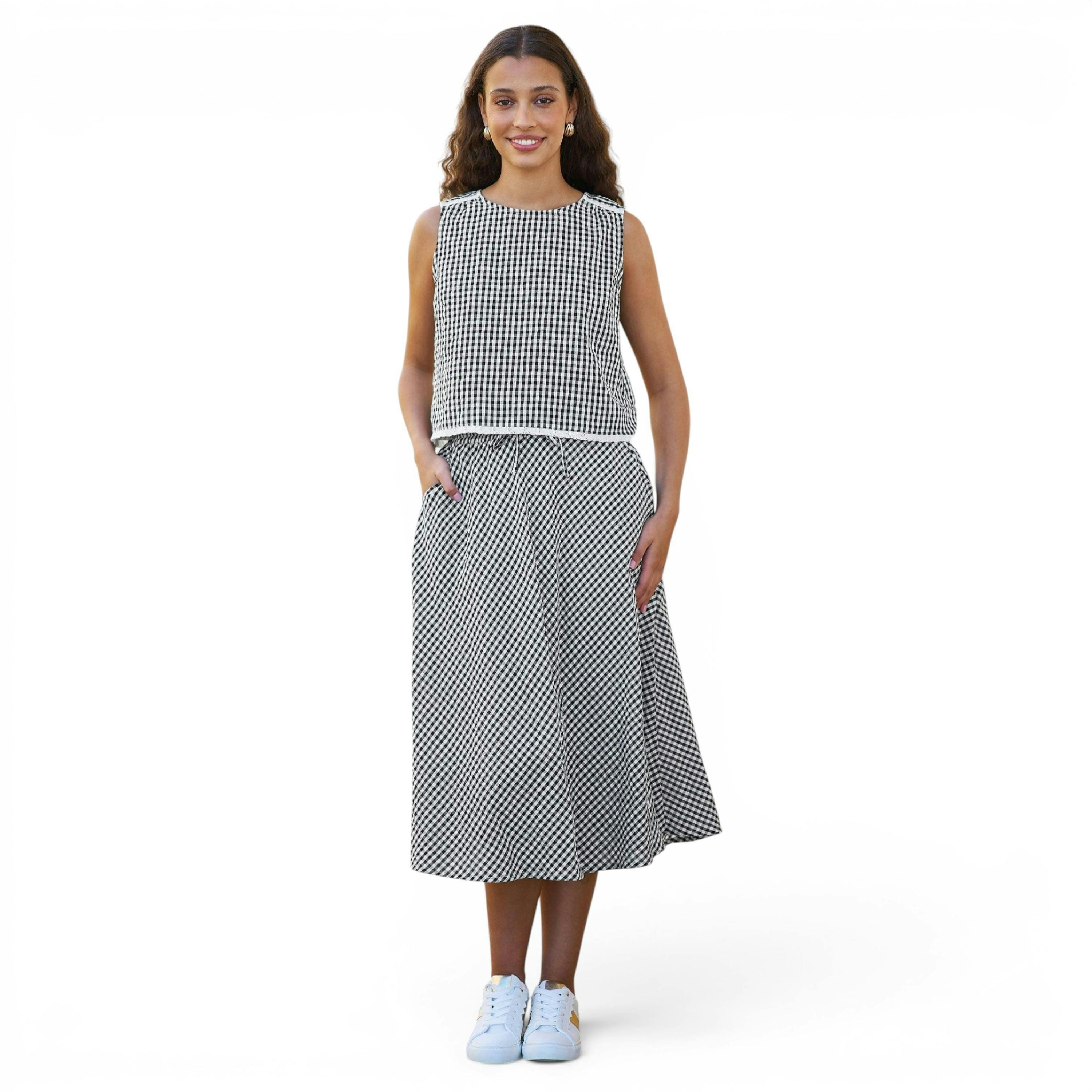 Yumi Black Gingham Cotton Top With Lace Trims , view 3 of 6