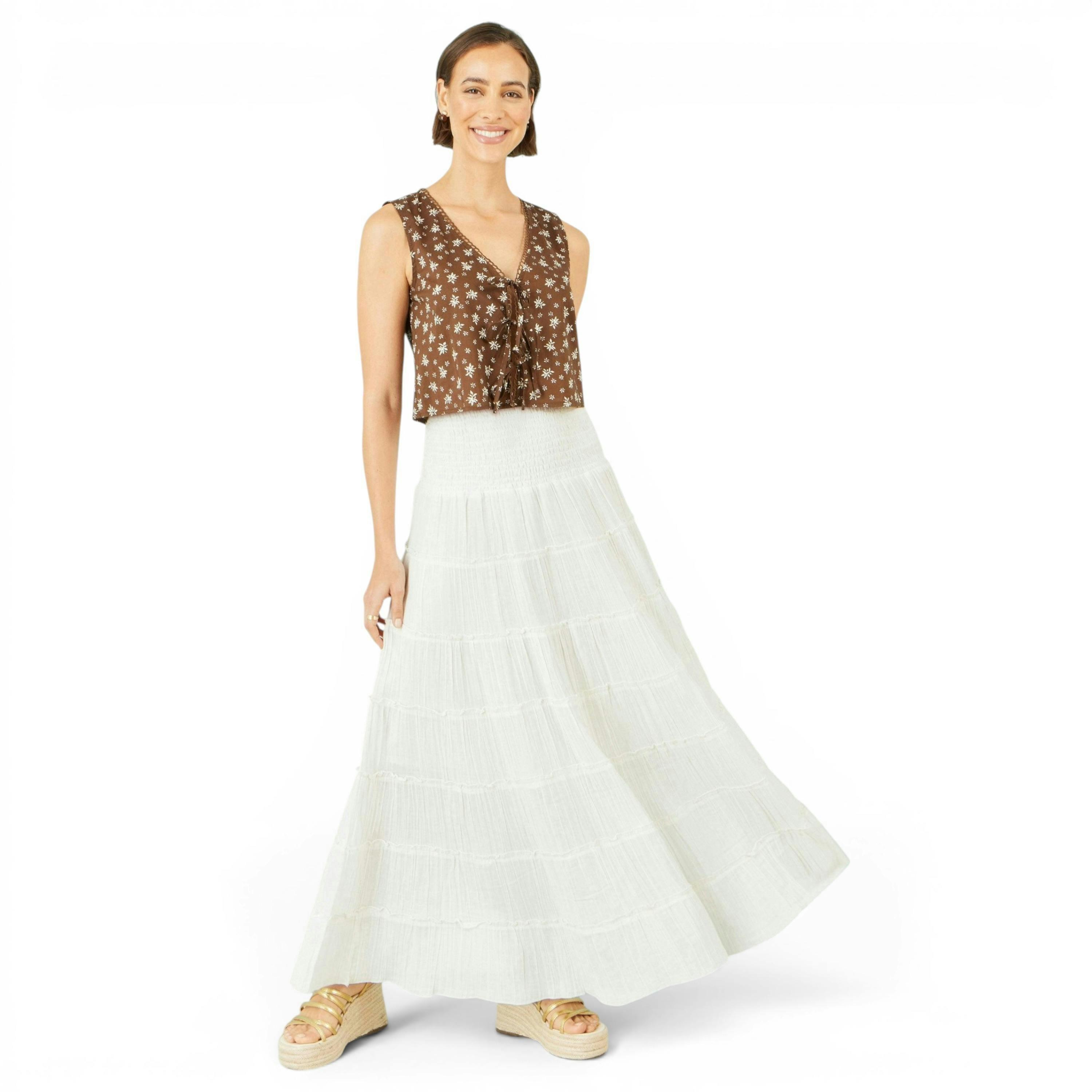 Yumi White Double Cotton Tiered Boho Maxi Skirt , view 1 of 6