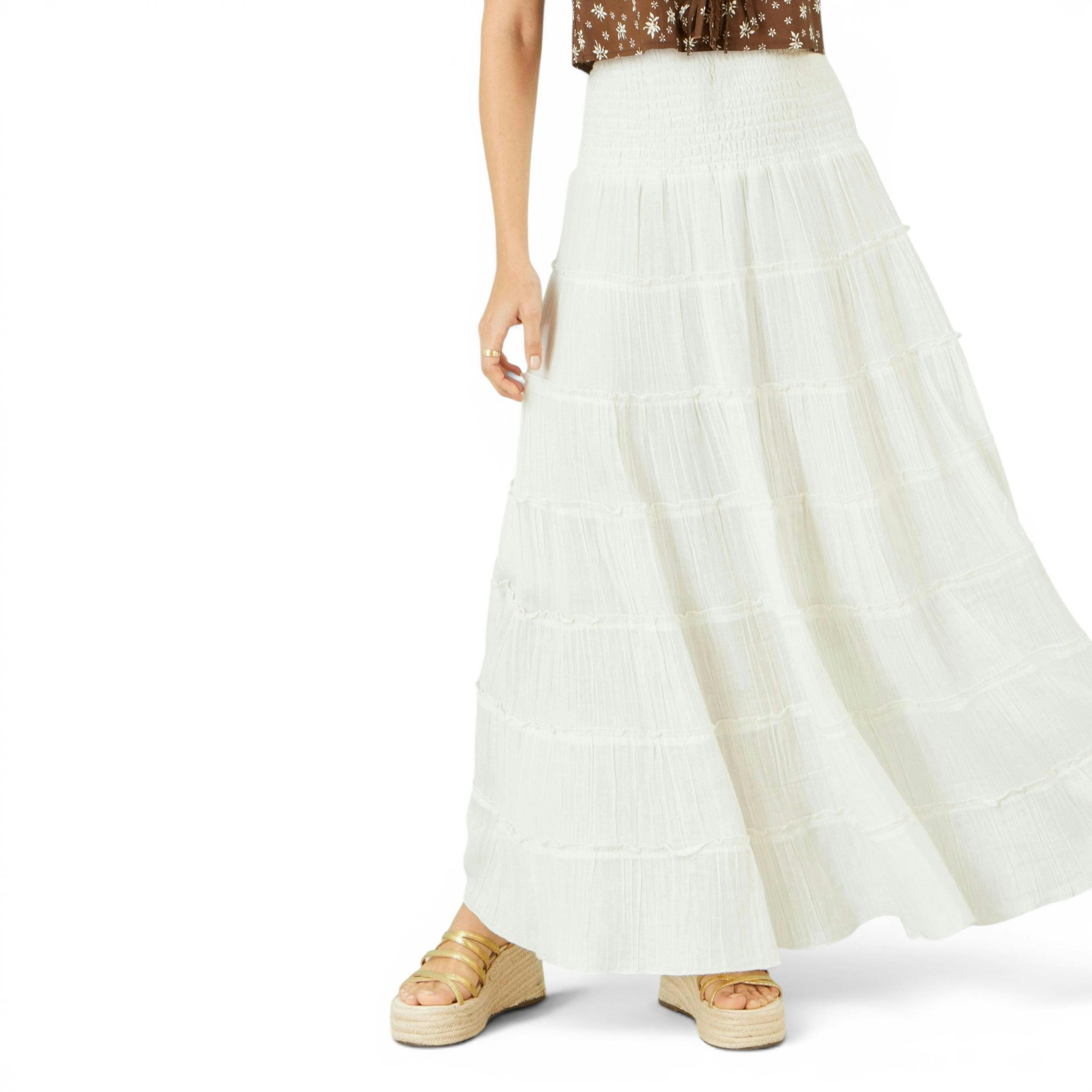 Yumi White Double Cotton Tiered Boho Maxi Skirt , view 2 of 6