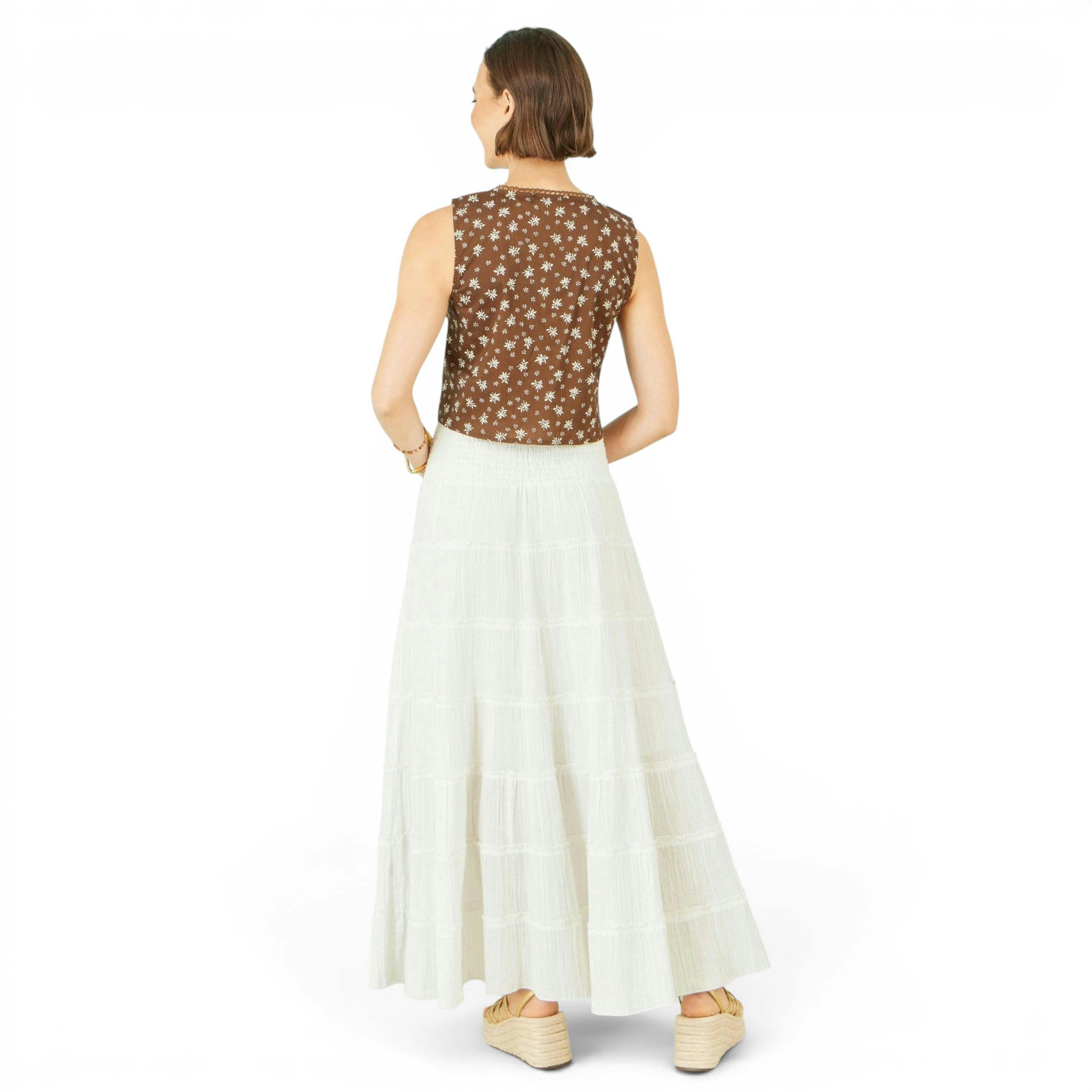 Yumi White Double Cotton Tiered Boho Maxi Skirt , view 3 of 6