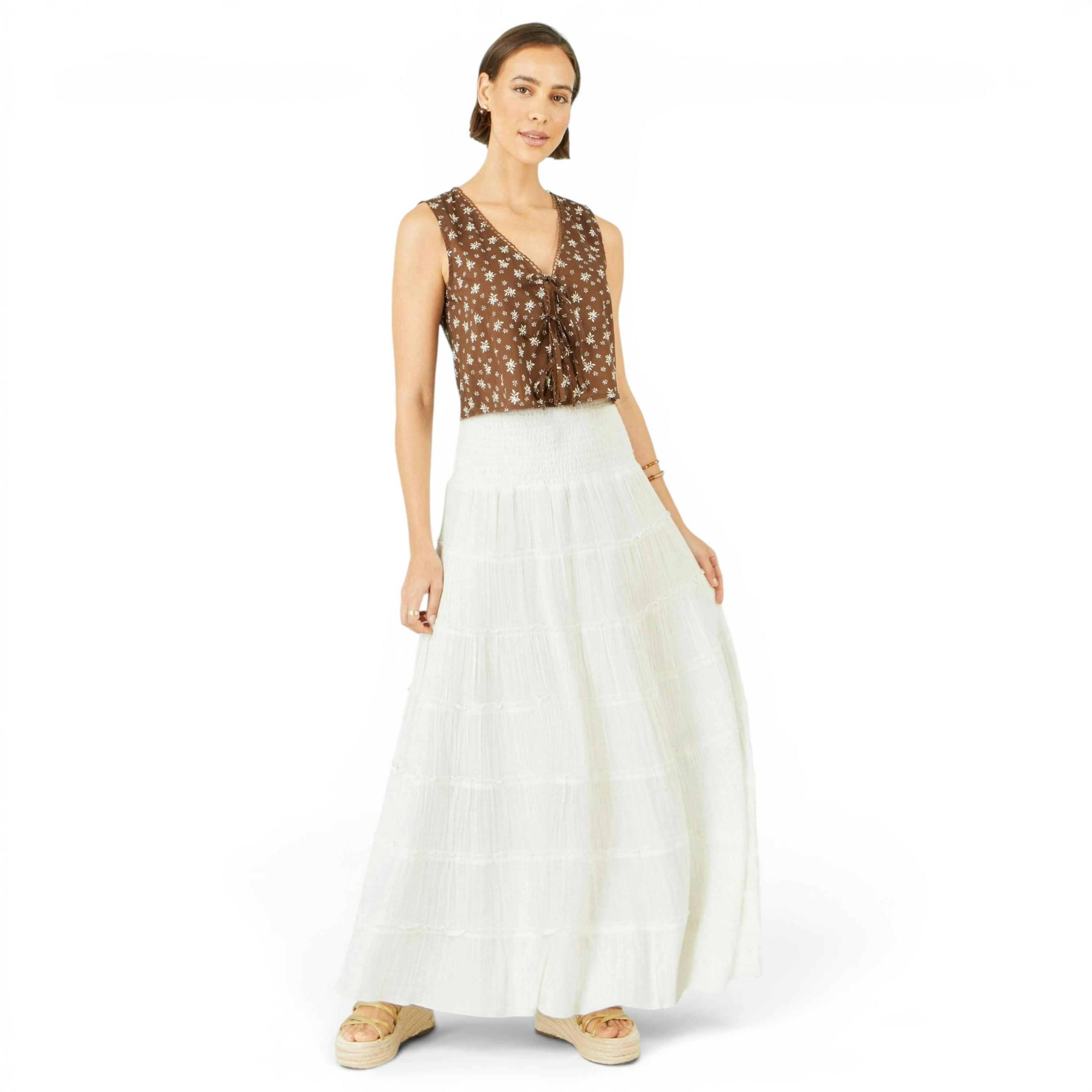 Yumi White Double Cotton Tiered Boho Maxi Skirt , view 4 of 6