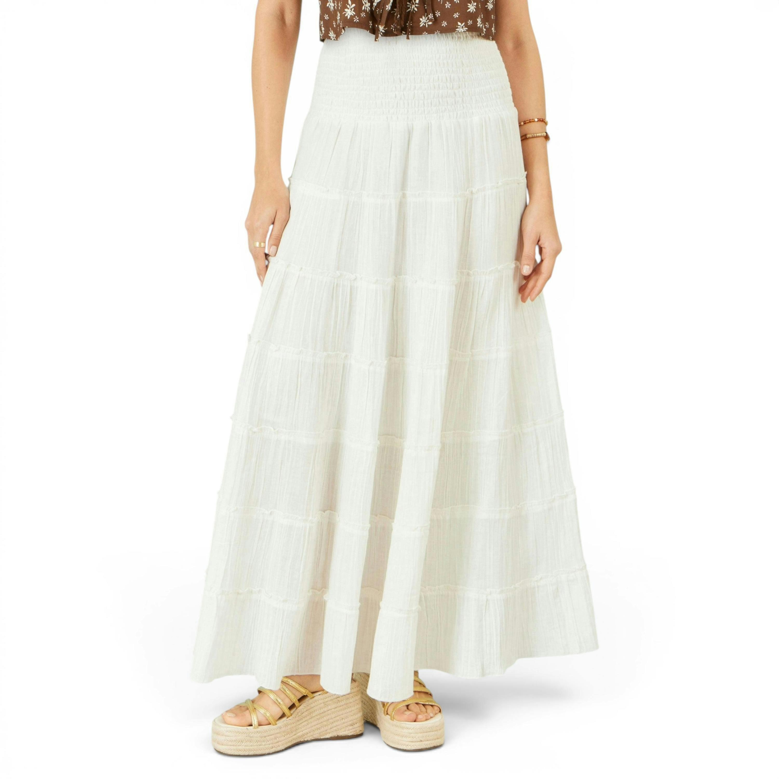 Yumi White Double Cotton Tiered Boho Maxi Skirt , view 5 of 6