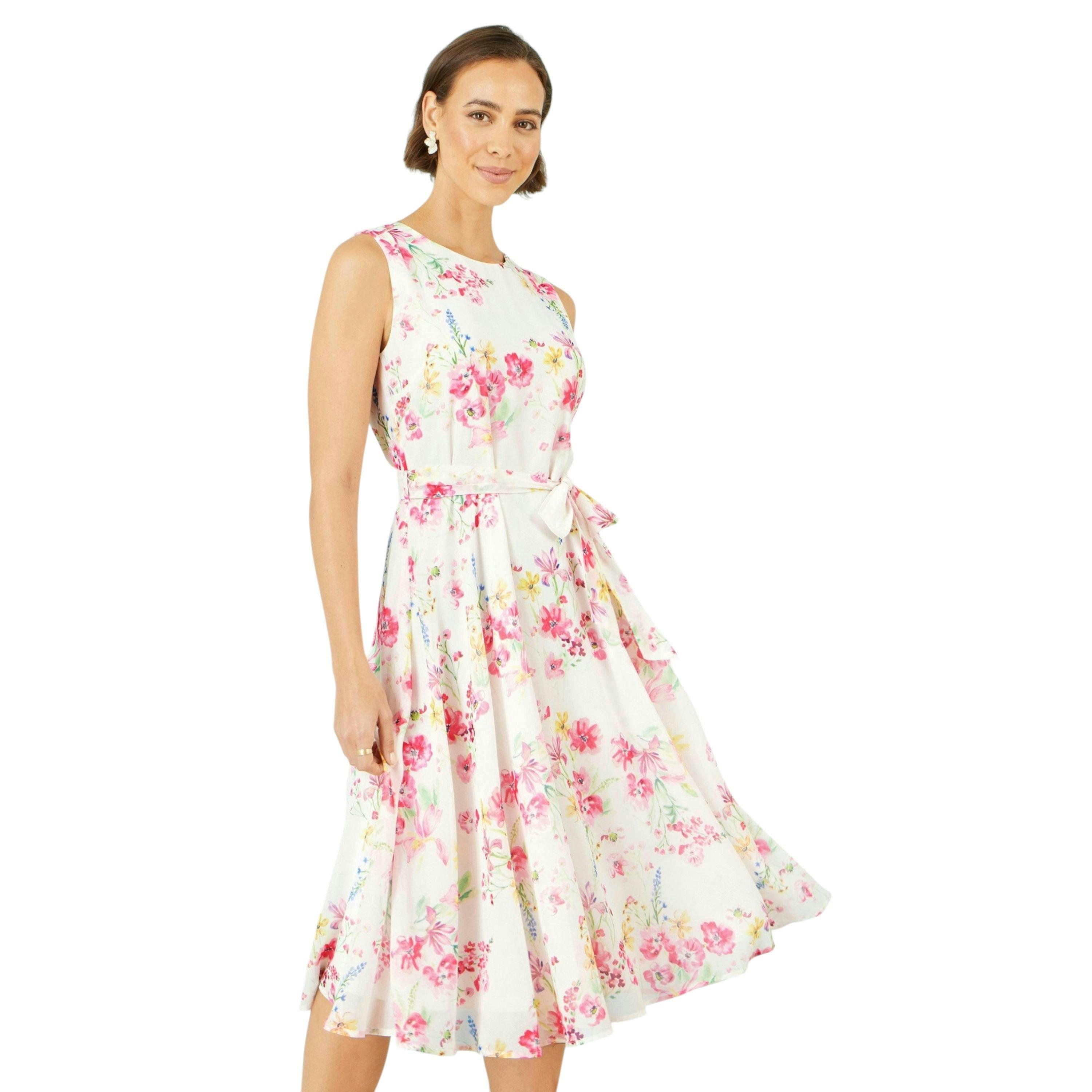 Yumi White Delicate Floral Midi Skater Dress , view 1 of 6