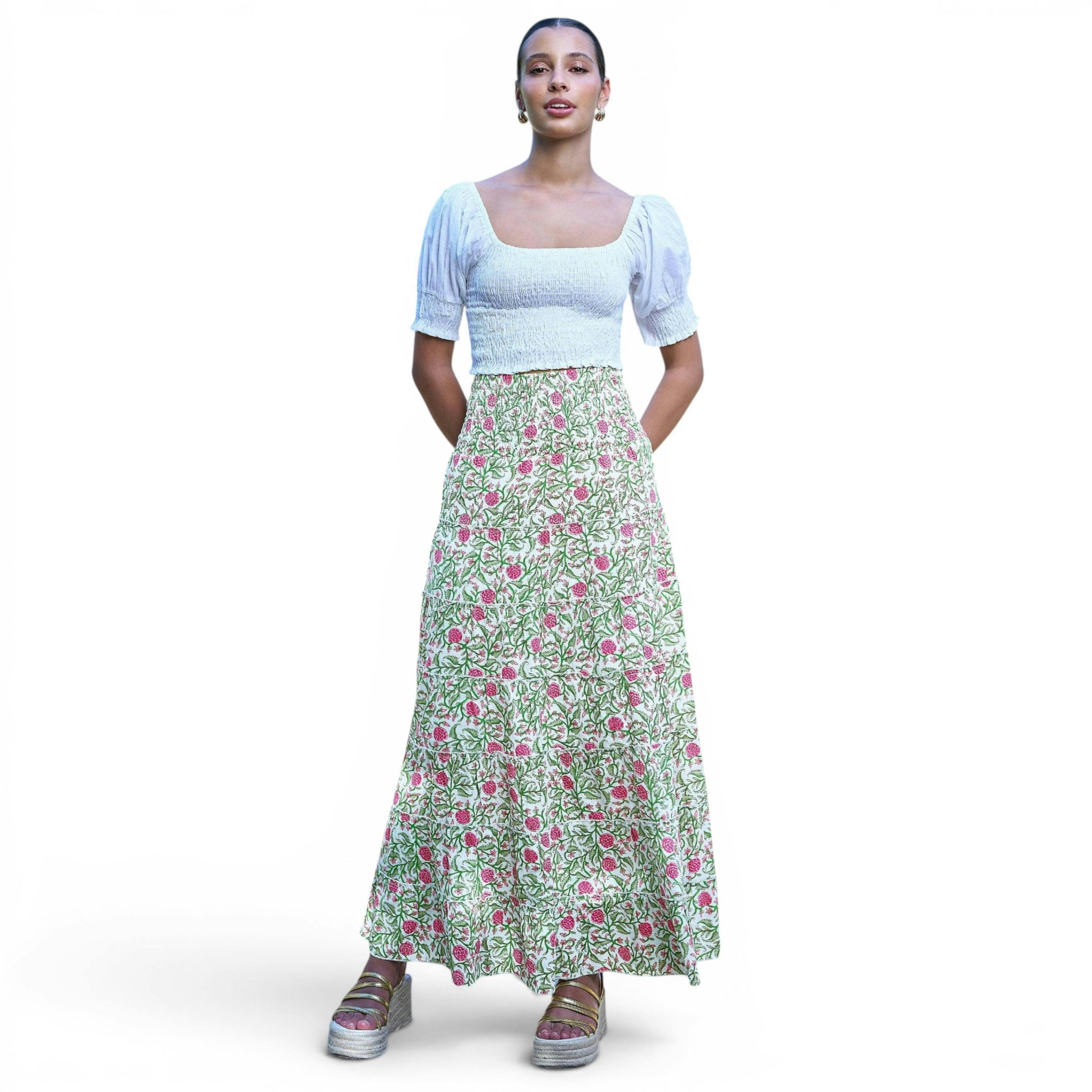 Yumi White Boho Print Cotton Floral Maxi Skirt , view 2 of 6