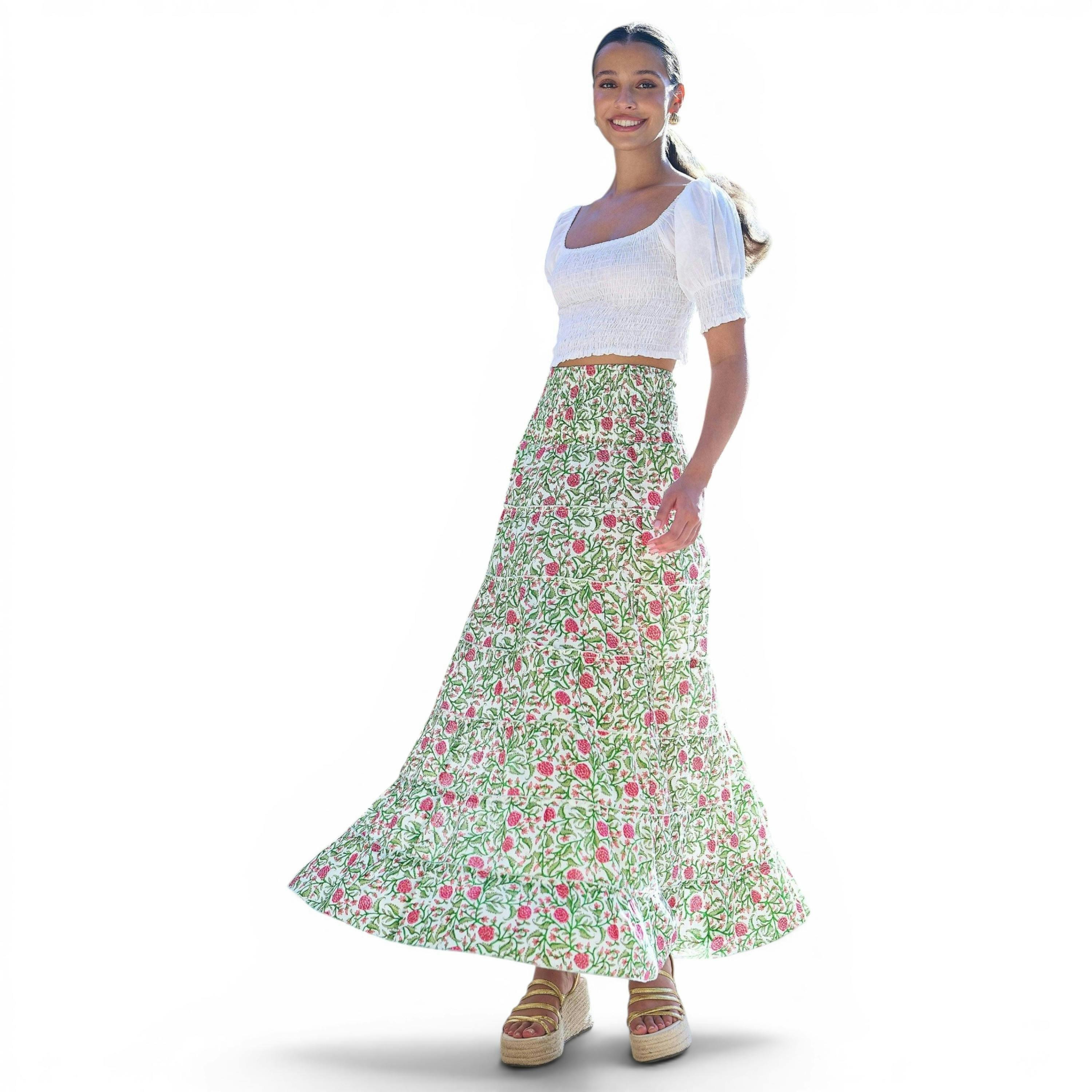 Yumi White Boho Print Cotton Floral Maxi Skirt , view 3 of 6