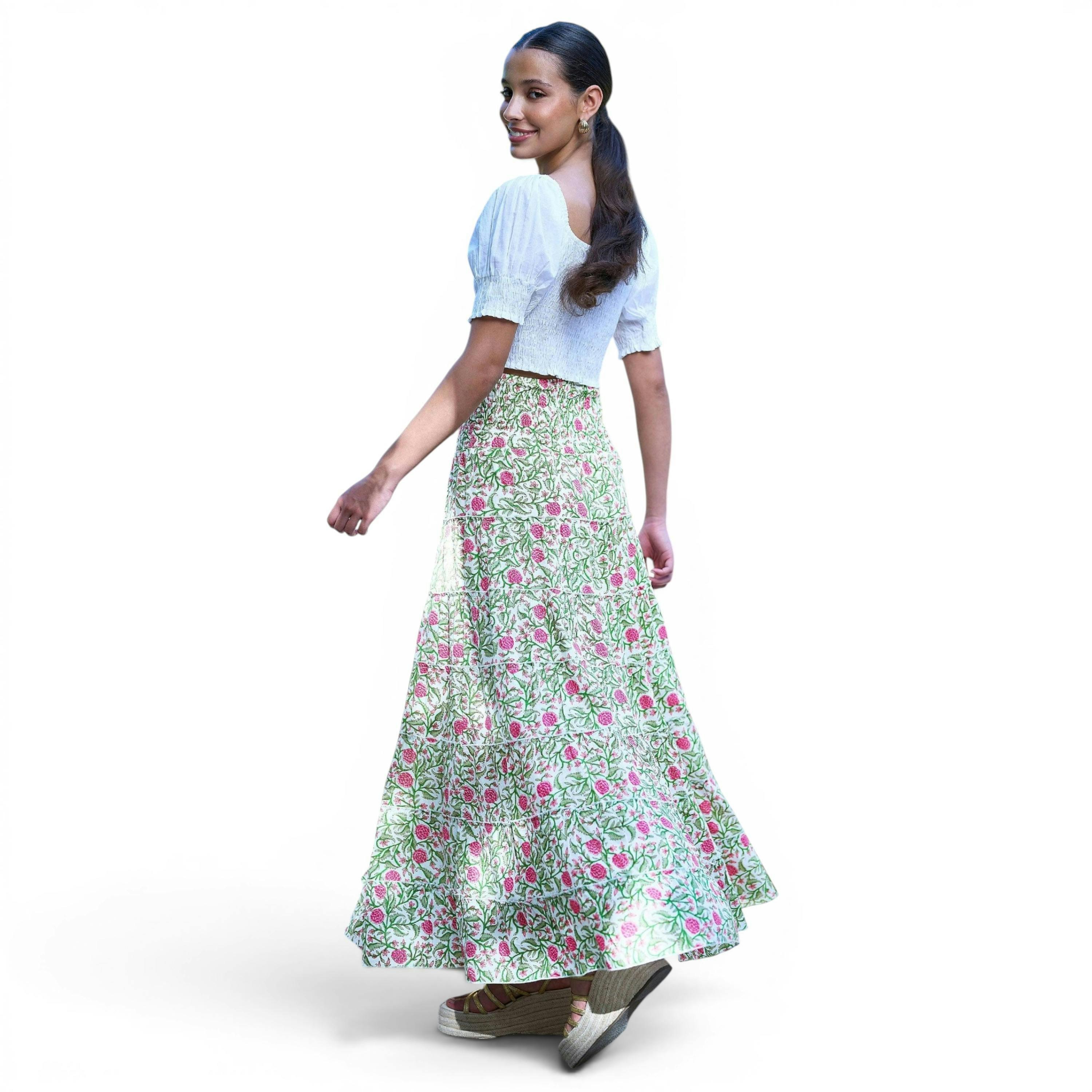 Yumi White Boho Print Cotton Floral Maxi Skirt , view 5 of 6