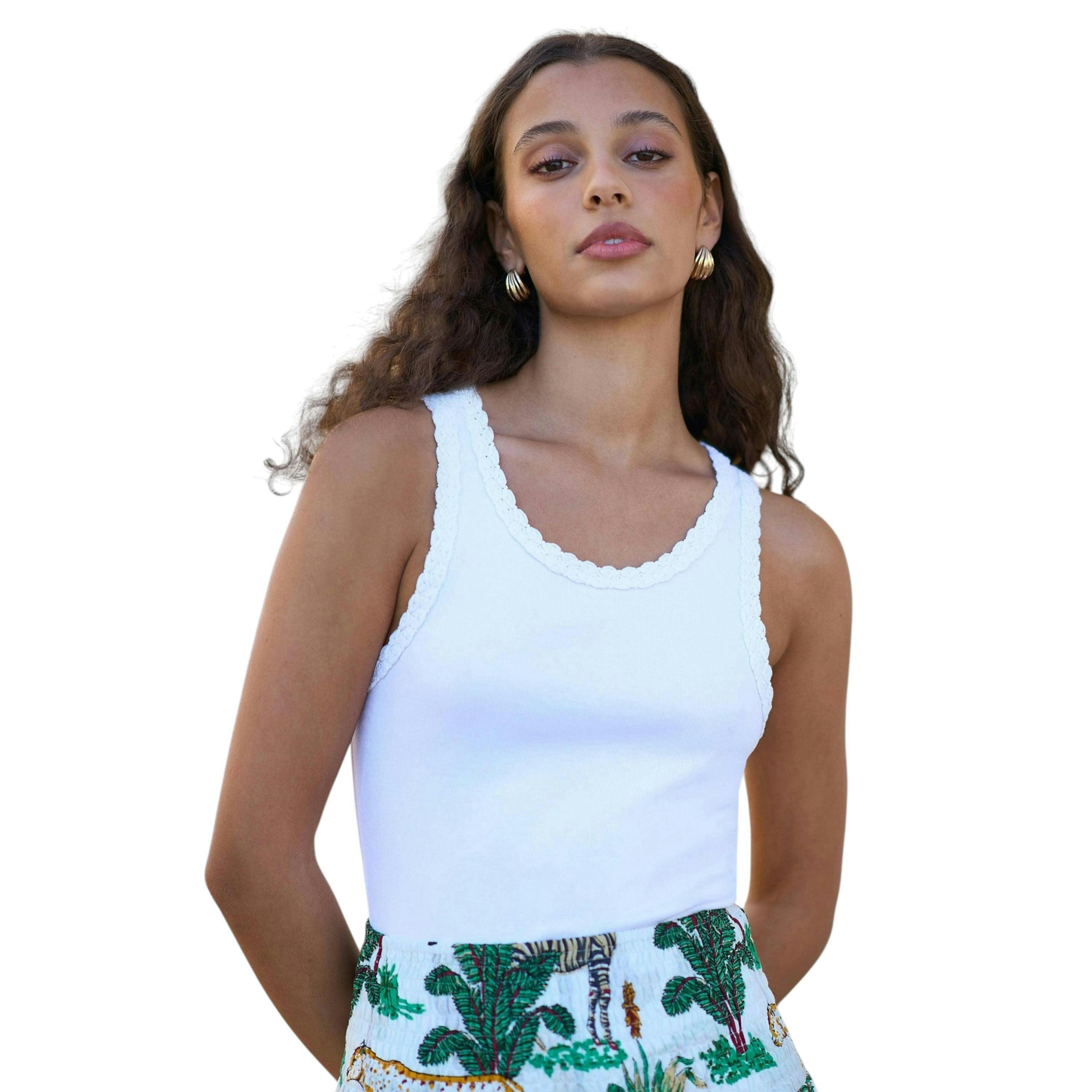 Yumi White Crochet Trim Cotton Stretch Vest Top , view 1 of 6
