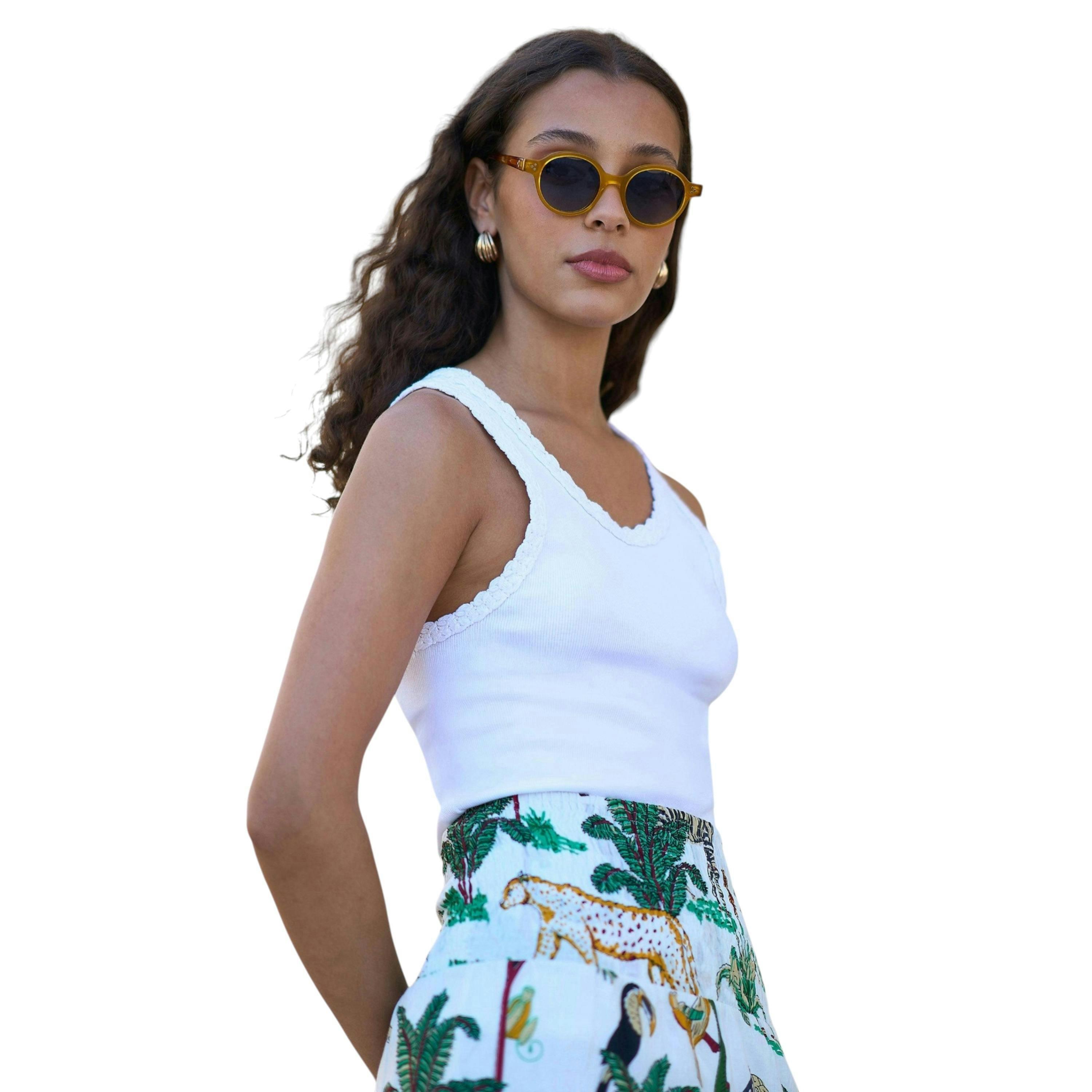 Yumi White Crochet Trim Cotton Stretch Vest Top , view 2 of 6