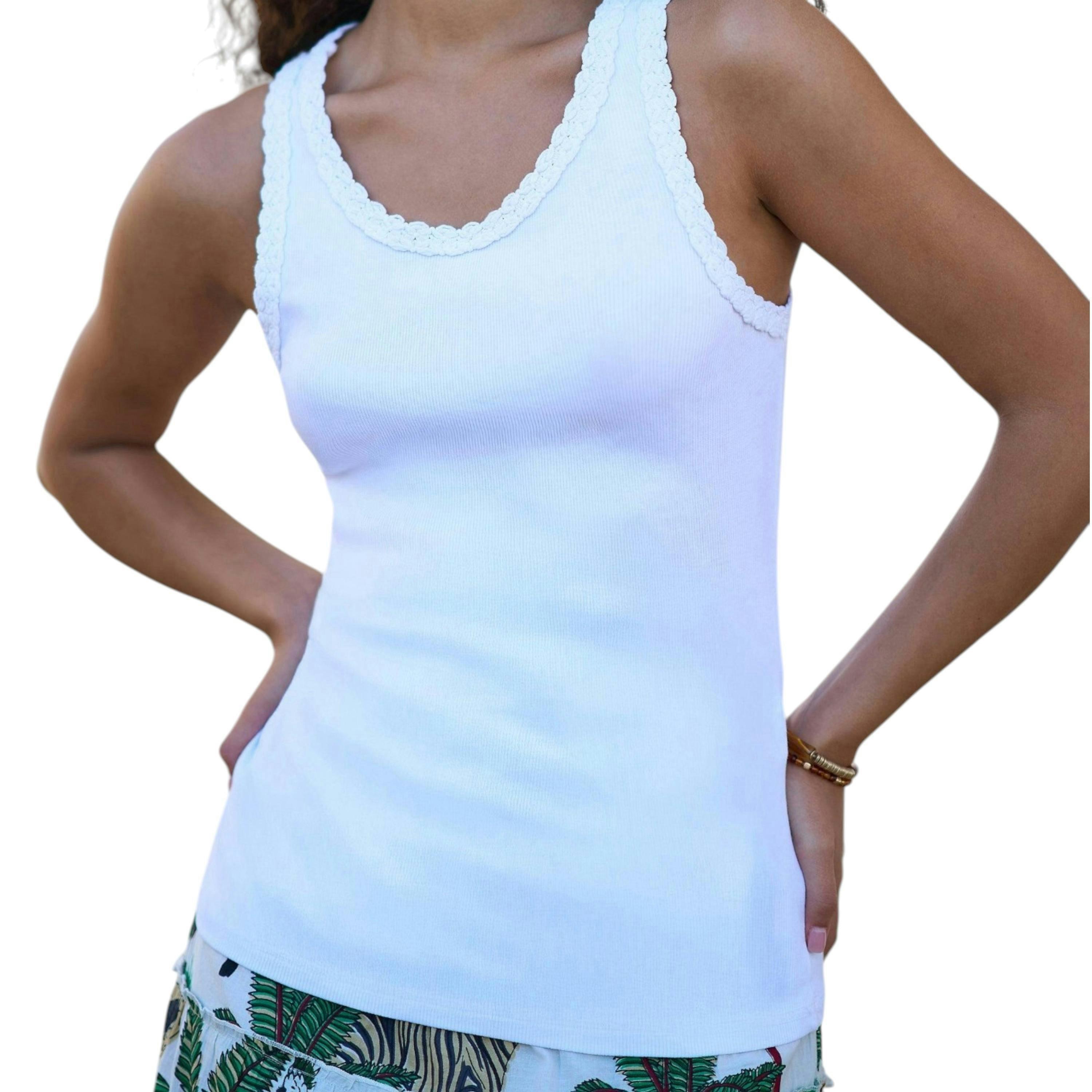 Yumi White Crochet Trim Cotton Stretch Vest Top , view 6 of 6