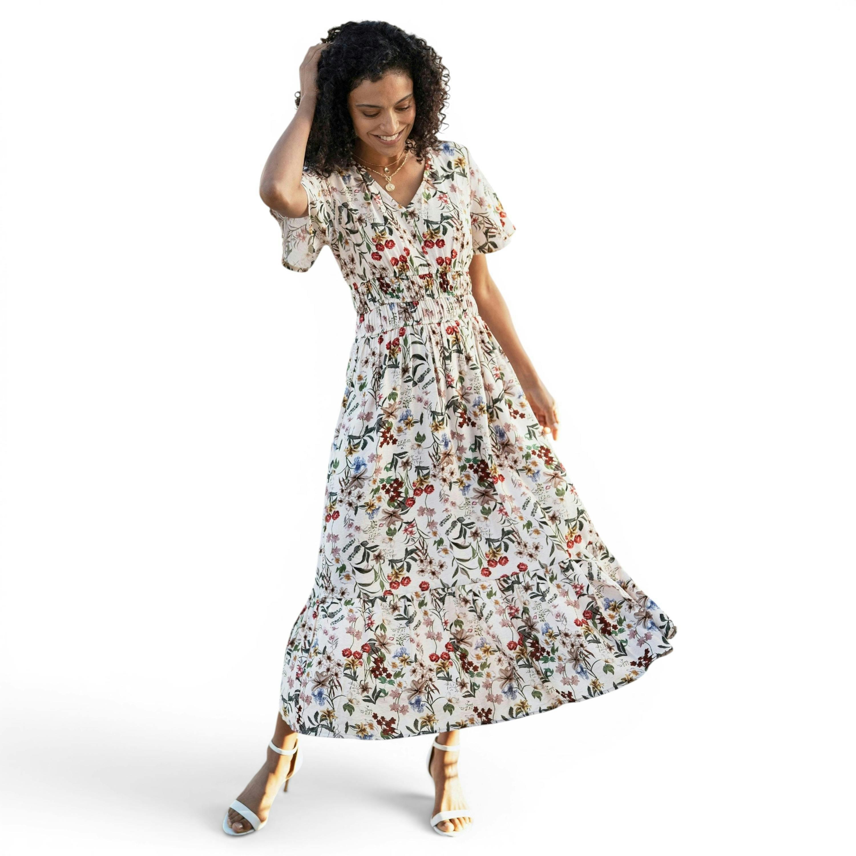 Yumi Ivory Botanical Print Viscose Midi Dress , view 1 of 6