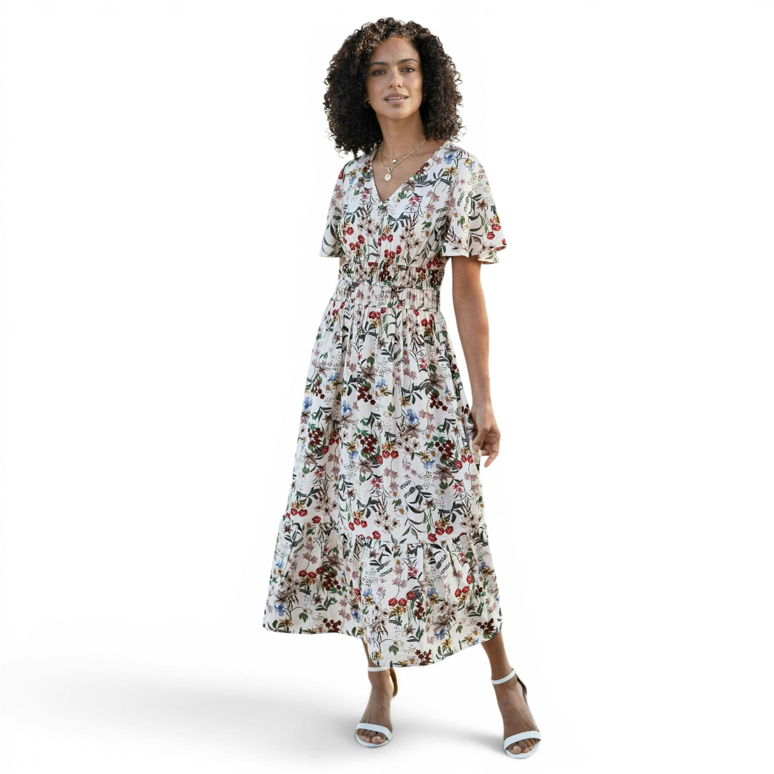 Yumi Ivory Botanical Print Viscose Midi Dress , view 2 of 6
