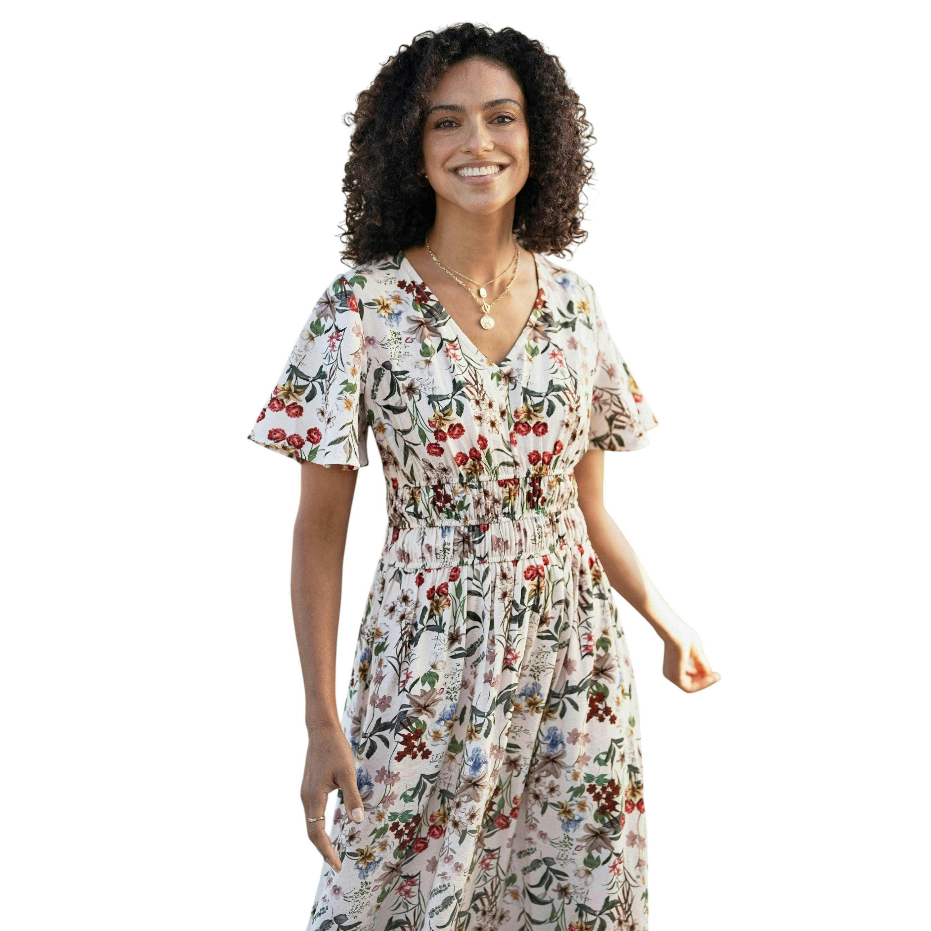 Yumi Ivory Botanical Print Viscose Midi Dress , view 4 of 6