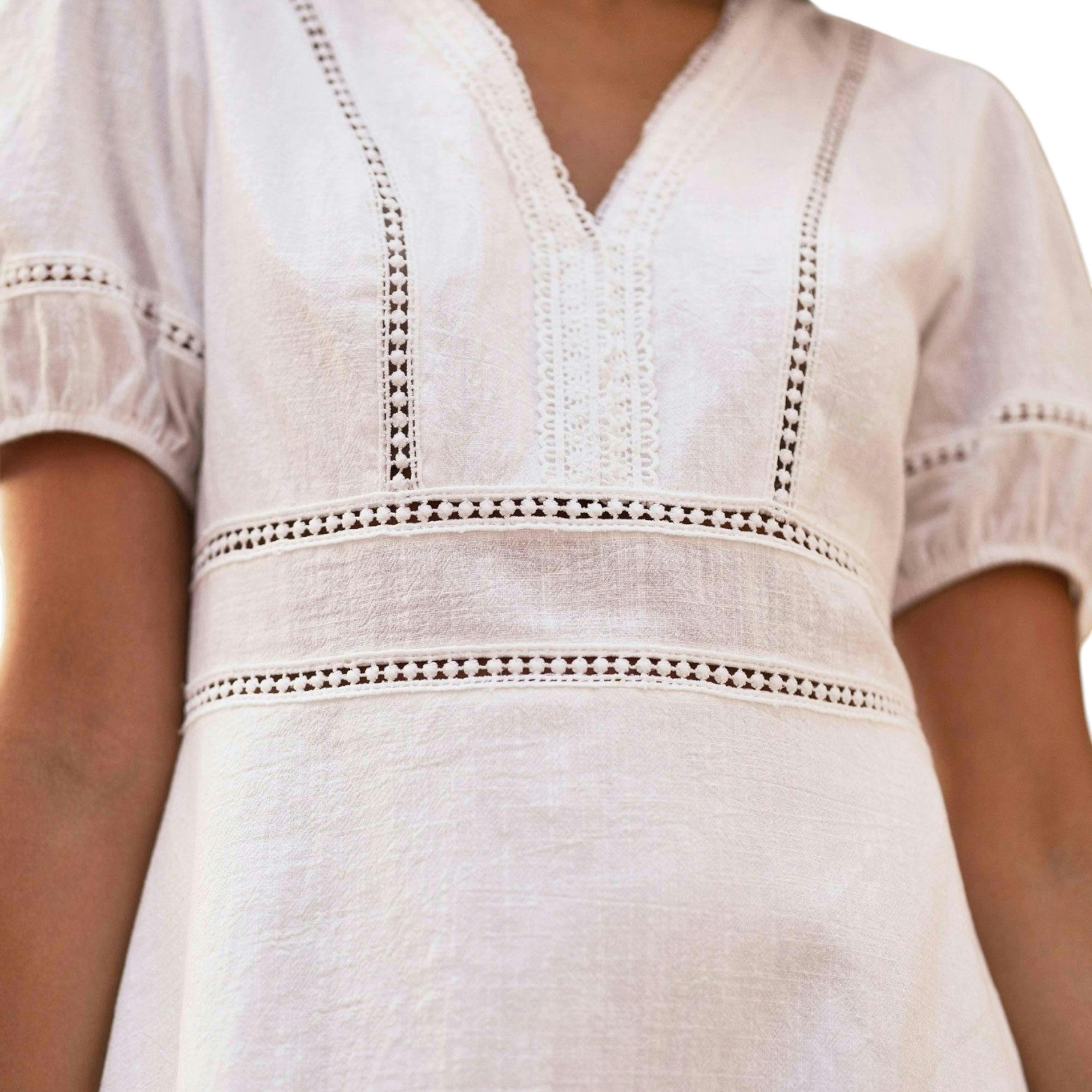 White Lace Trim V Neck Dress , view 2 of 6