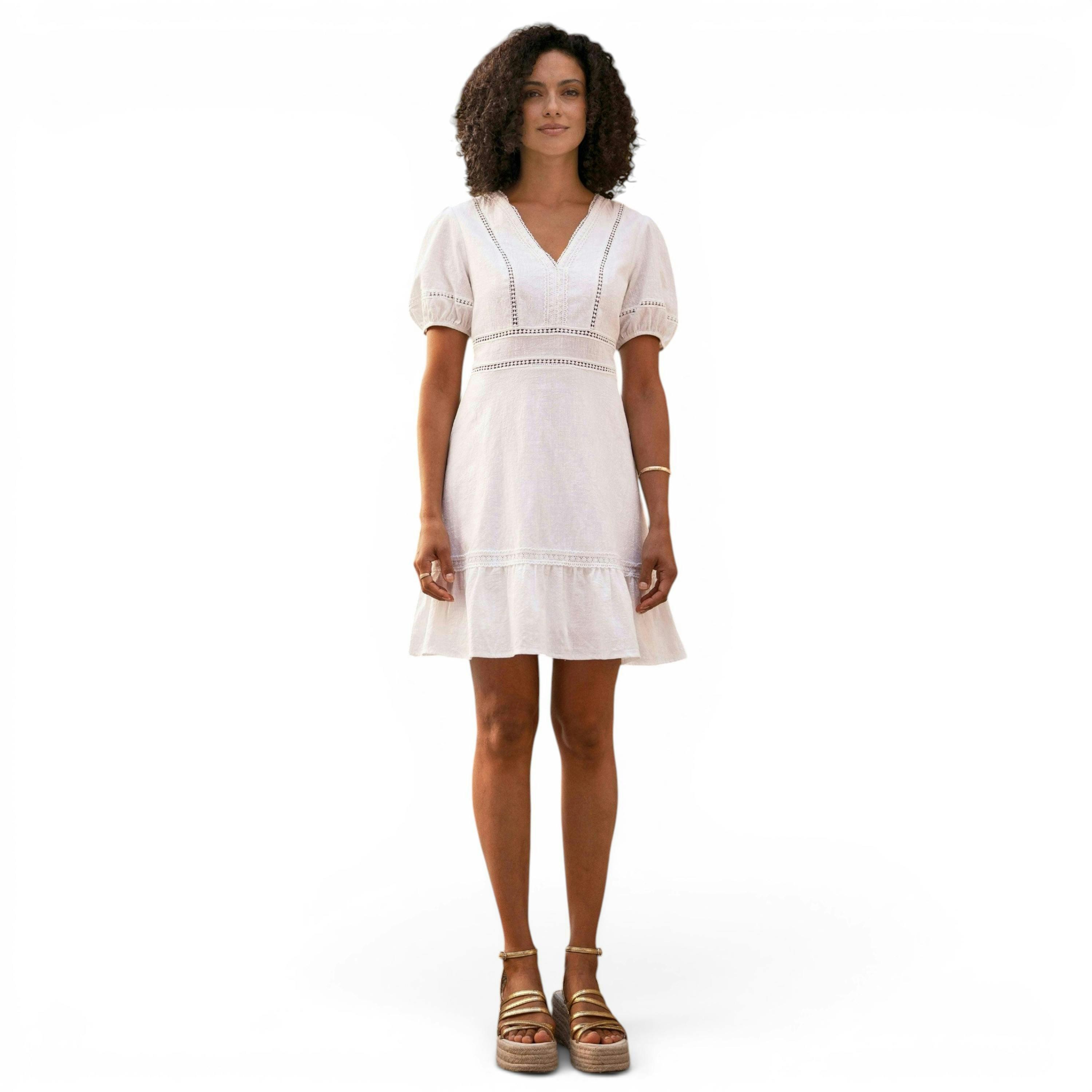 White Lace Trim V Neck Dress , view 3 of 6
