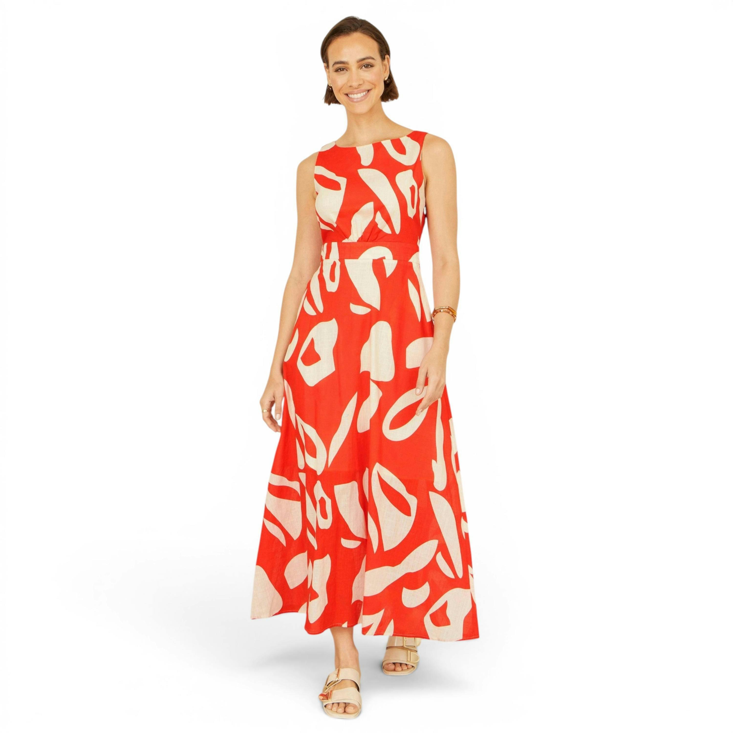 Yumi Orange Abstract Maxi Dress With Tie Back , view 1 of 6
