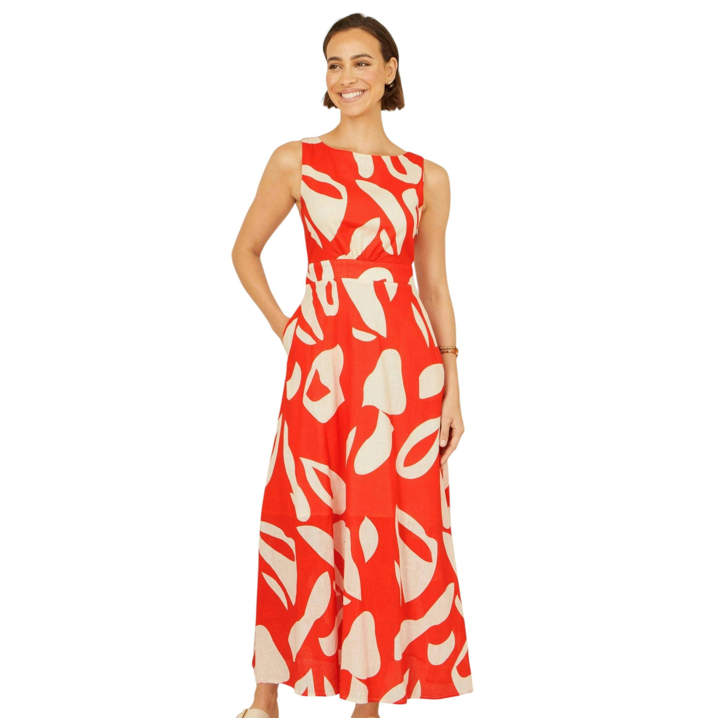 Yumi Orange Abstract Maxi Dress With Tie Back , view 3 of 6