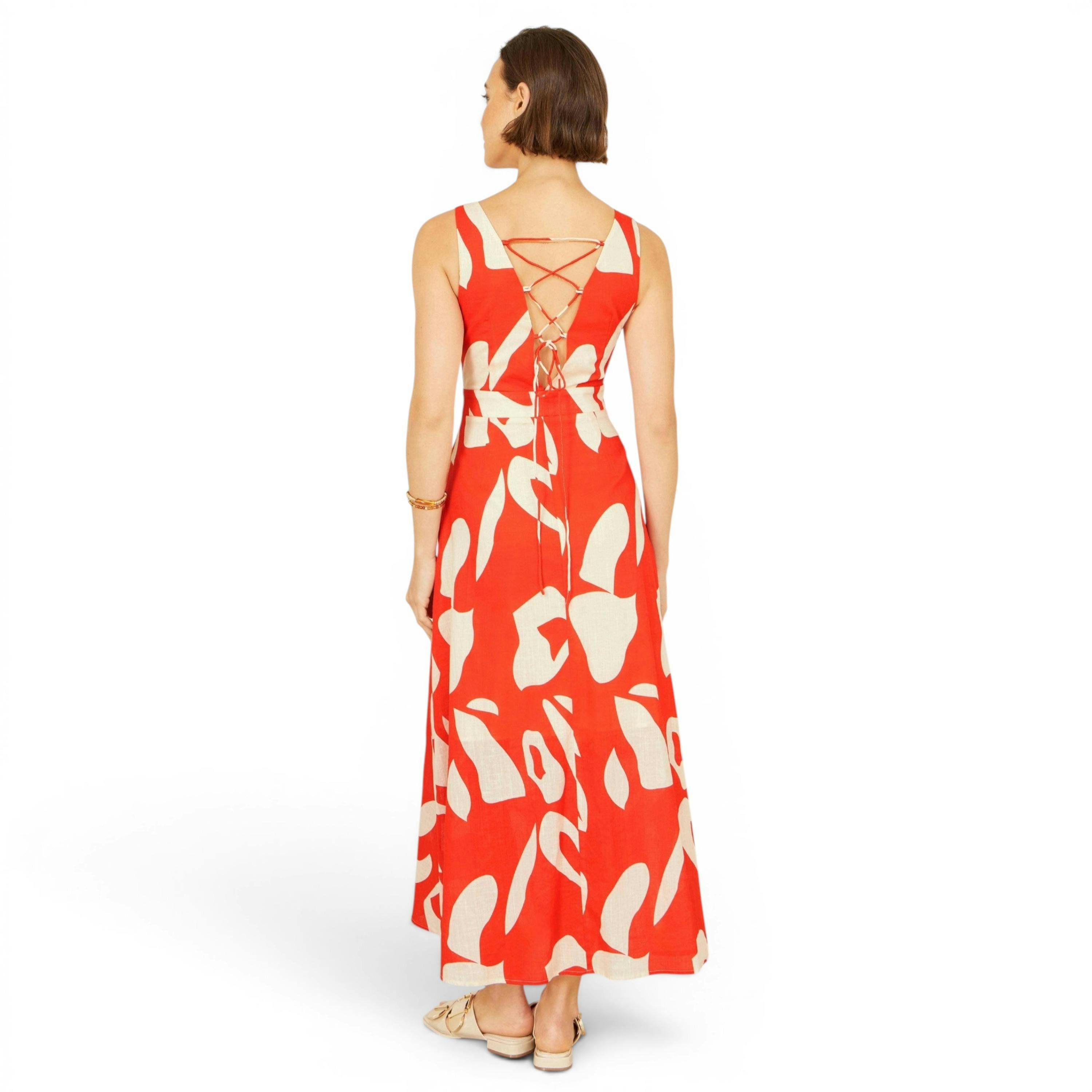Yumi Orange Abstract Maxi Dress With Tie Back , view 4 of 6