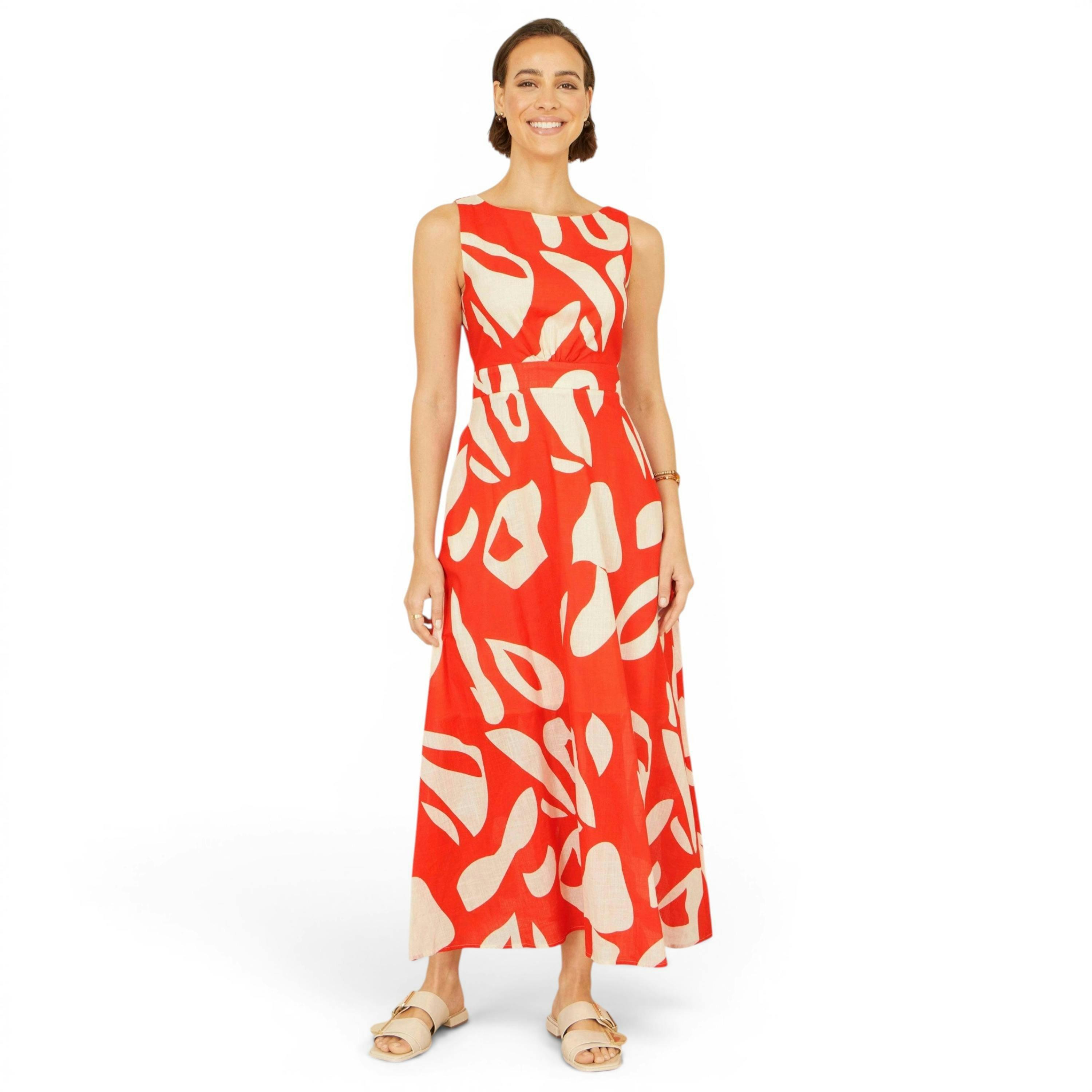Yumi Orange Abstract Maxi Dress With Tie Back , view 6 of 6