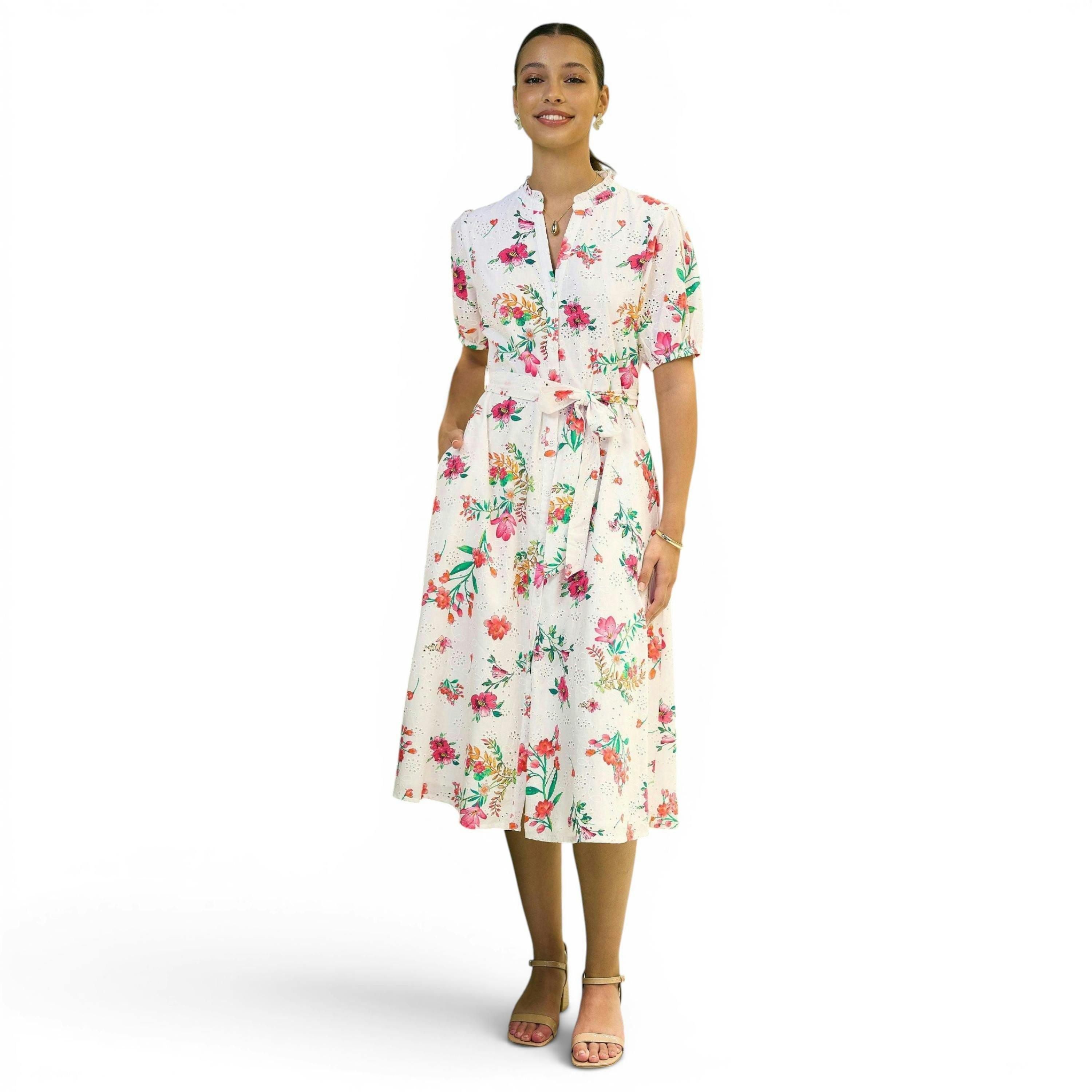 Yumi White Floral Print Cotton Broderie Anglaise Midi Shirt Dress , view 1 of 6