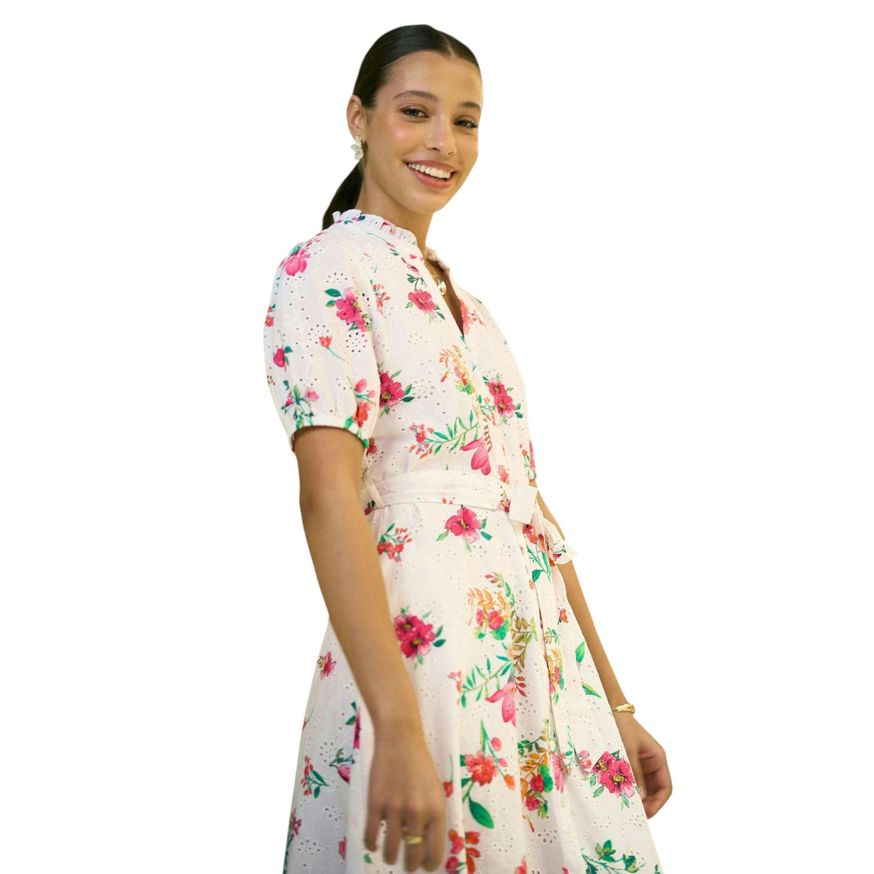 Yumi White Floral Print Cotton Broderie Anglaise Midi Shirt Dress , view 2 of 6