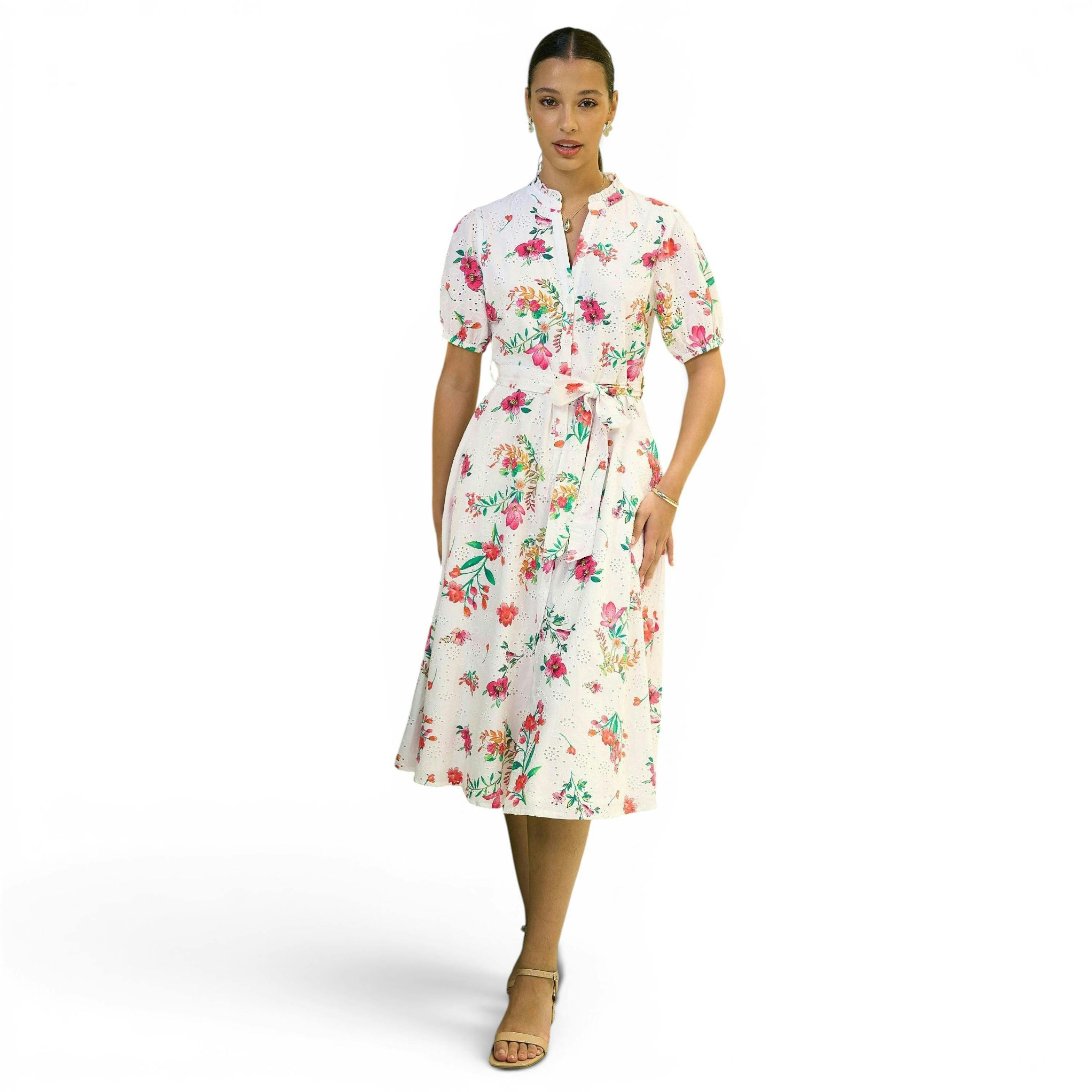 Yumi White Floral Print Cotton Broderie Anglaise Midi Shirt Dress , view 3 of 6