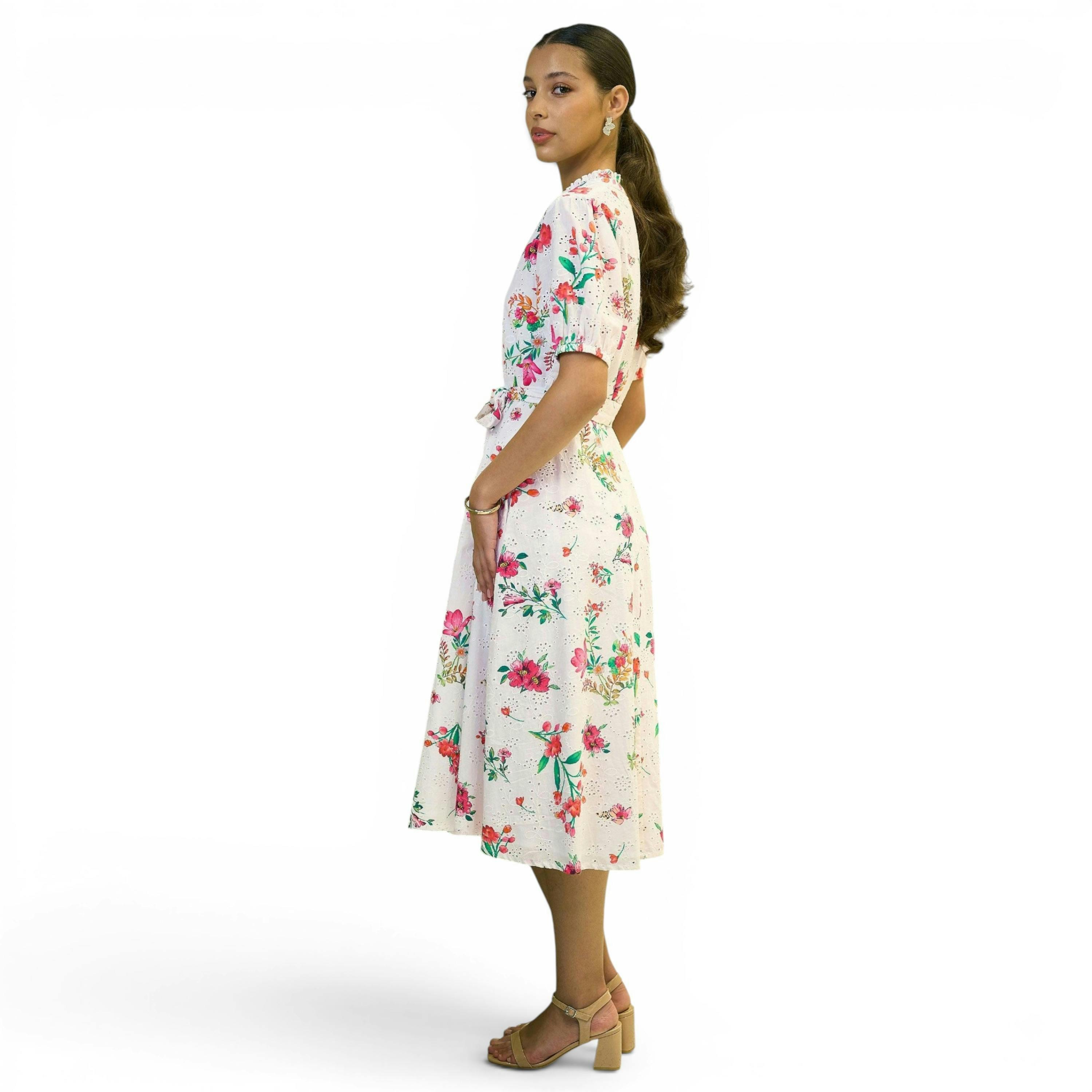 Yumi White Floral Print Cotton Broderie Anglaise Midi Shirt Dress , view 4 of 6