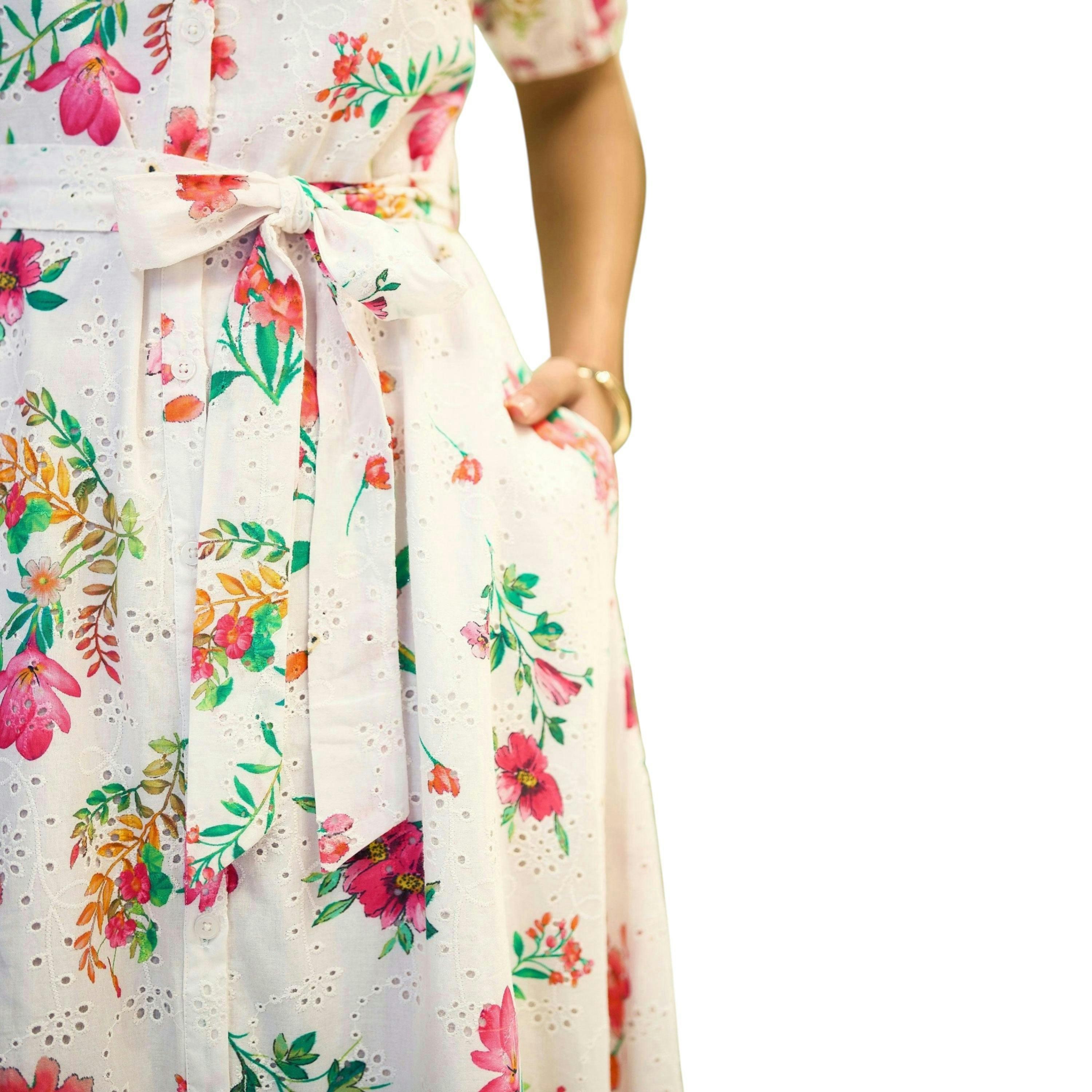Yumi White Floral Print Cotton Broderie Anglaise Midi Shirt Dress , view 5 of 6
