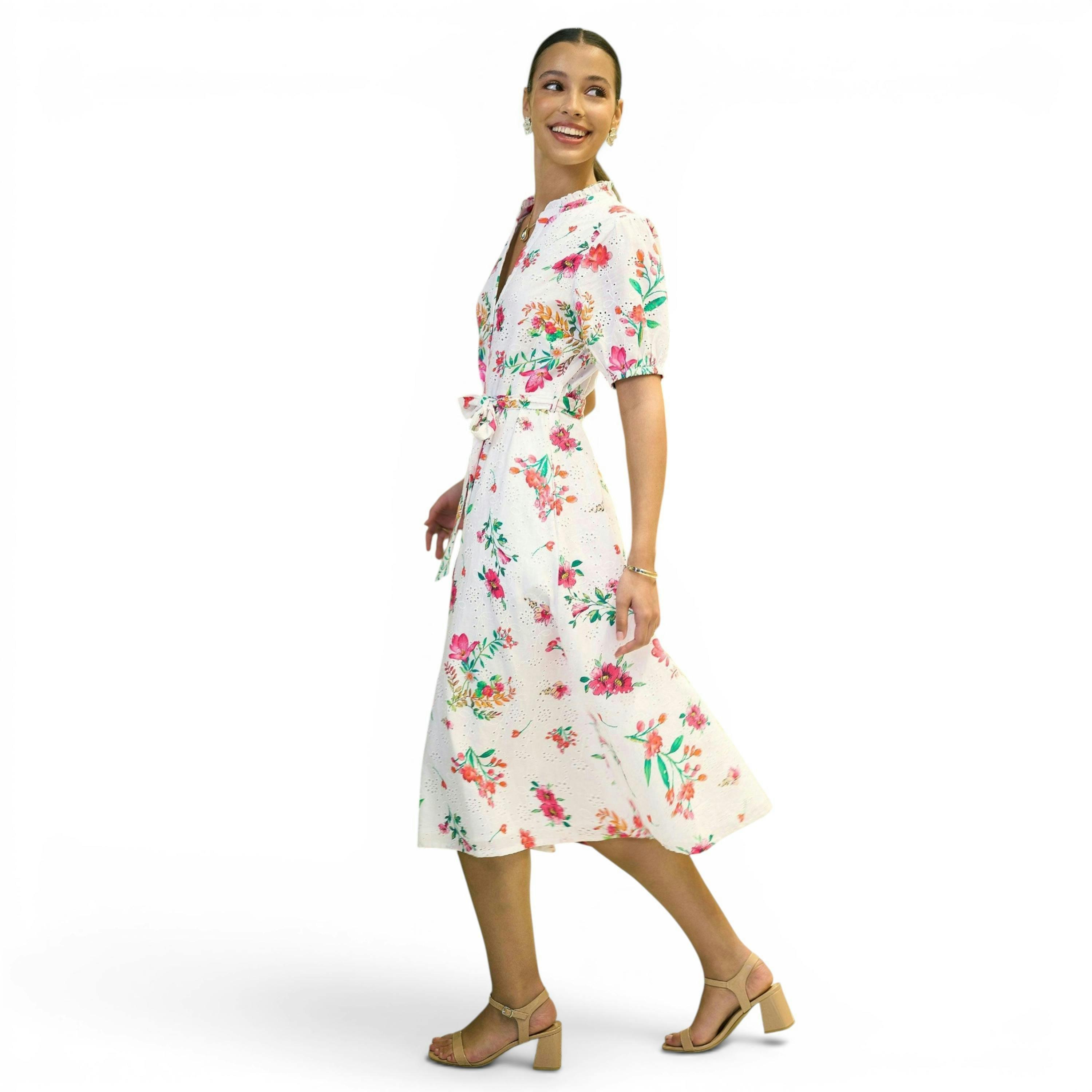 Yumi White Floral Print Cotton Broderie Anglaise Midi Shirt Dress , view 6 of 6