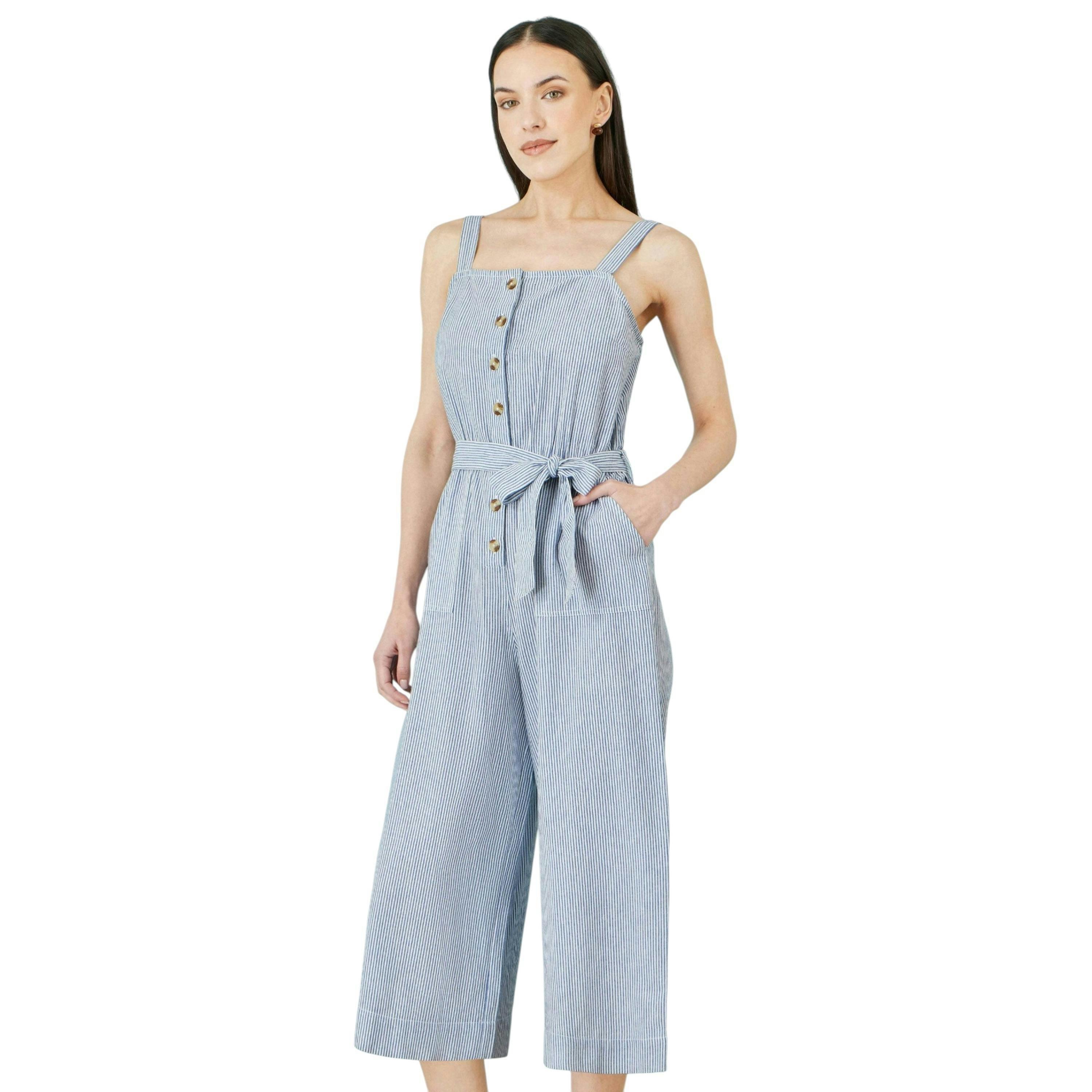 Yumi Blue Cotton Stripe Button Through Jumpsuit , view 1 of 6