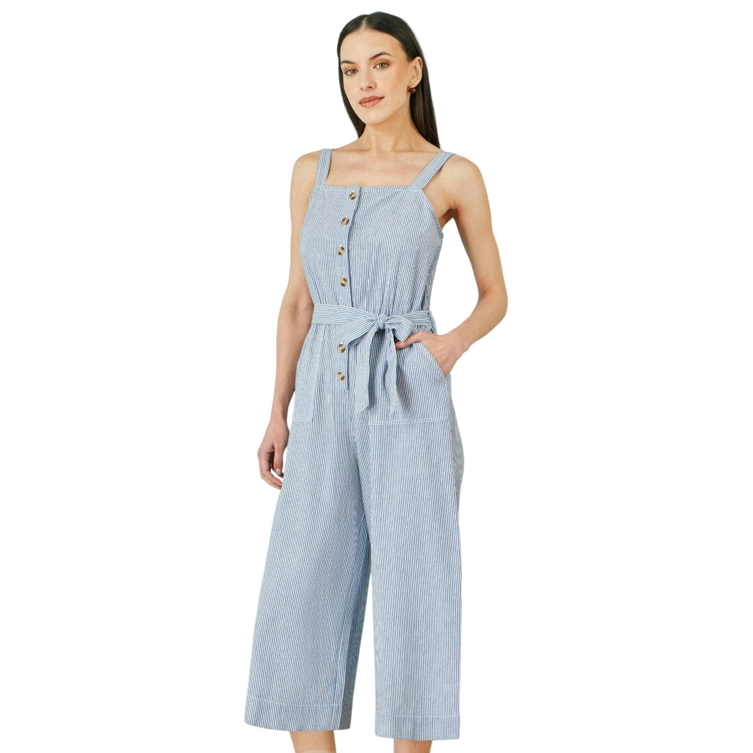 Yumi Blue Cotton Stripe Button Through Jumpsuit , view 2 of 6