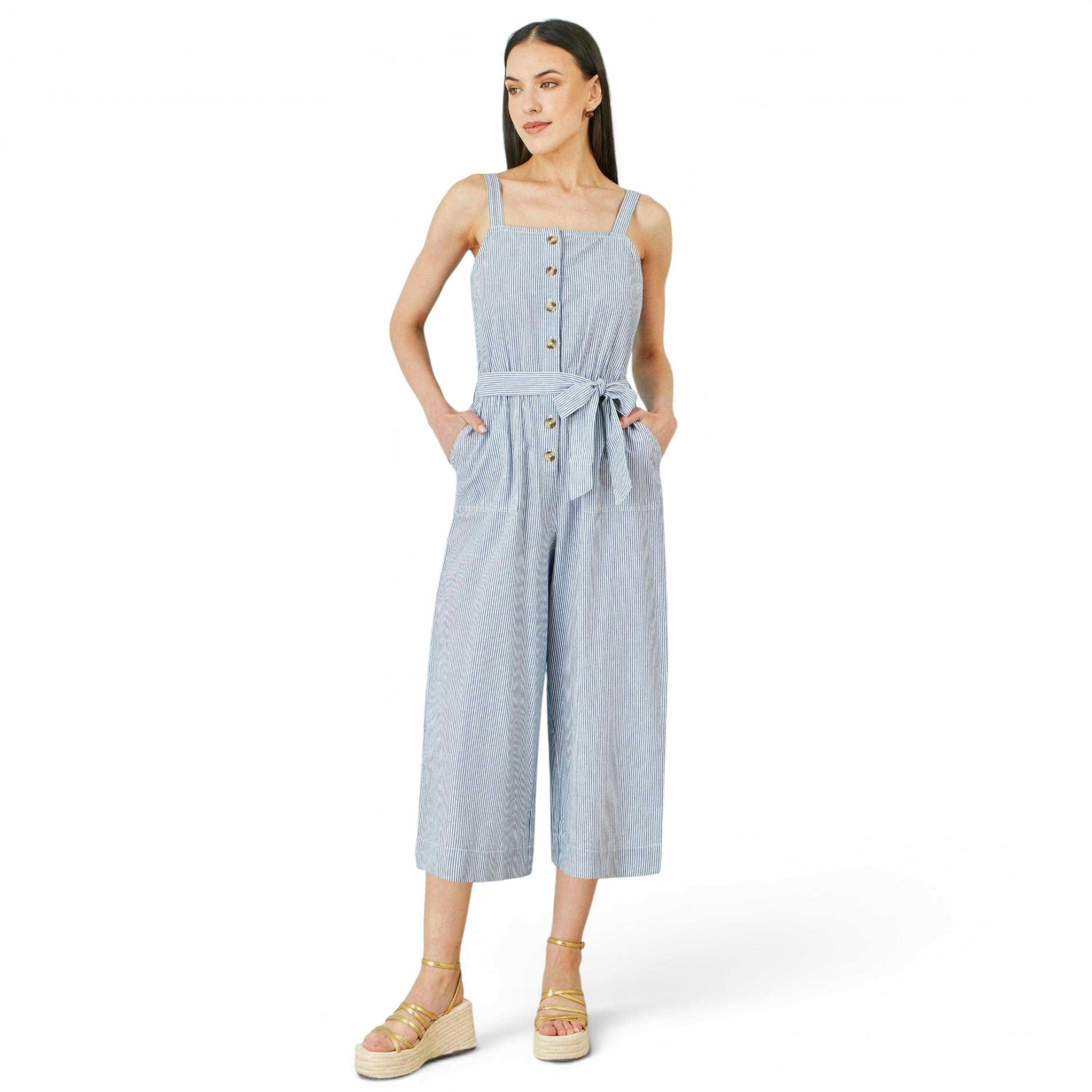 Yumi Blue Cotton Stripe Button Through Jumpsuit , view 3 of 6