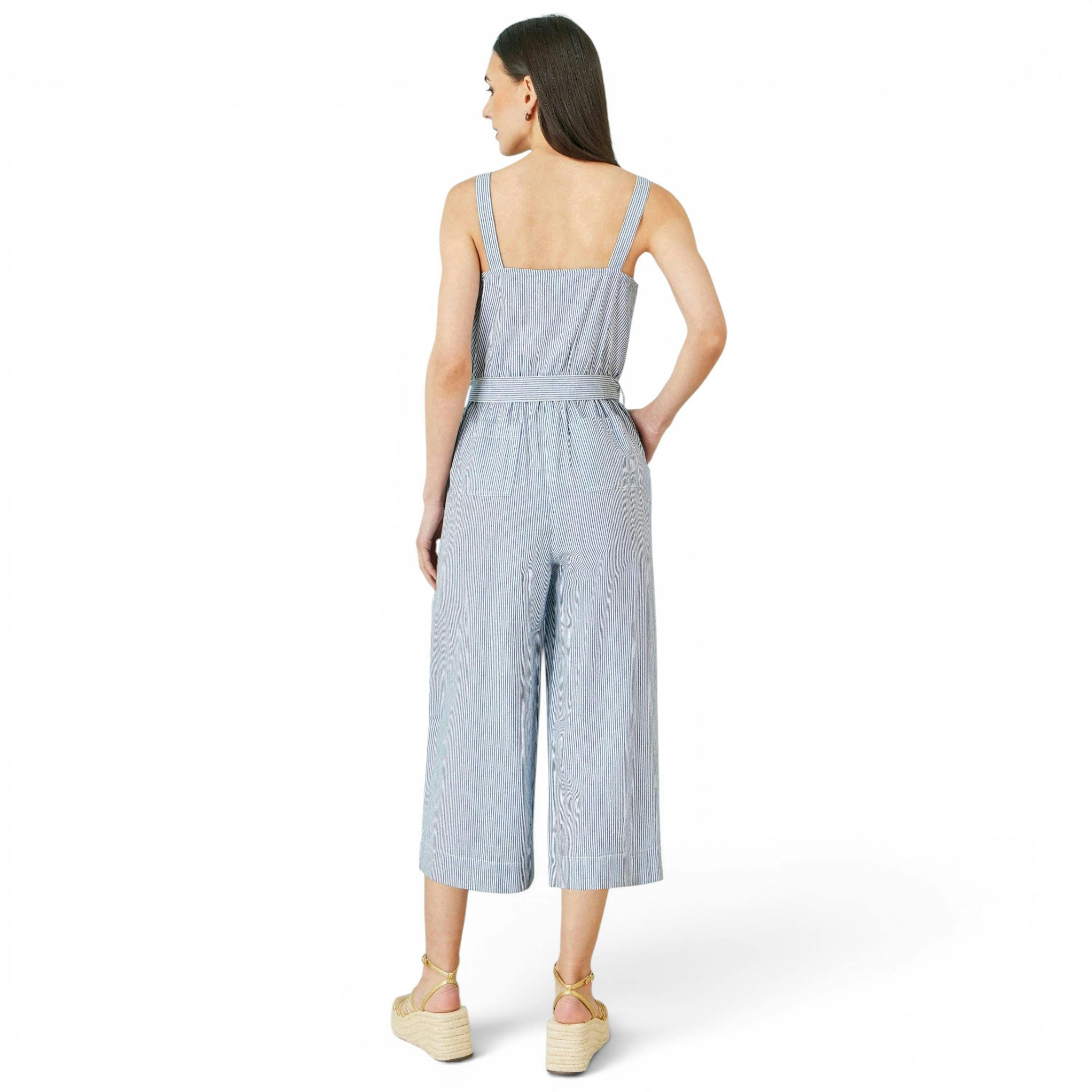 Yumi Blue Cotton Stripe Button Through Jumpsuit , view 4 of 6