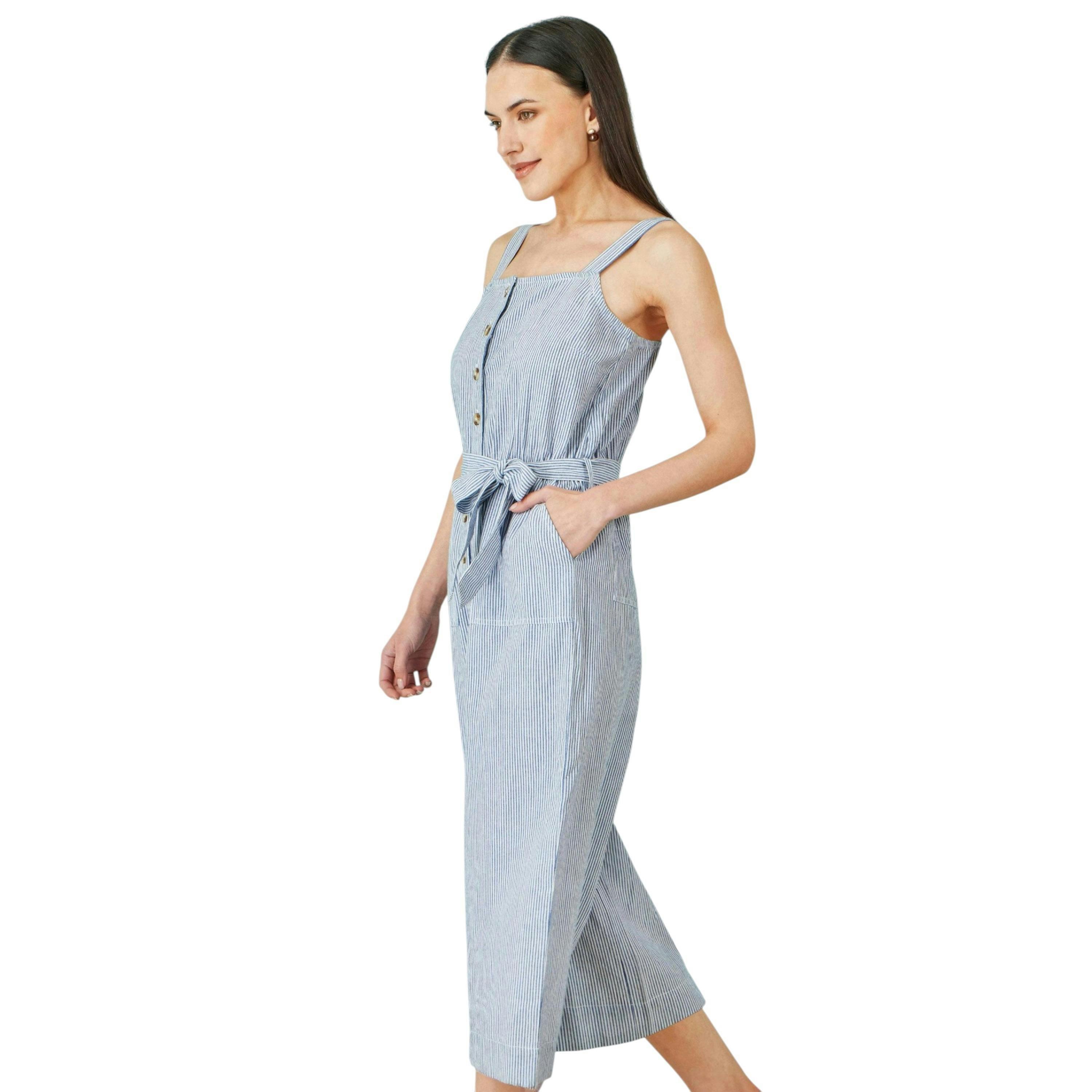 Yumi Blue Cotton Stripe Button Through Jumpsuit , view 5 of 6