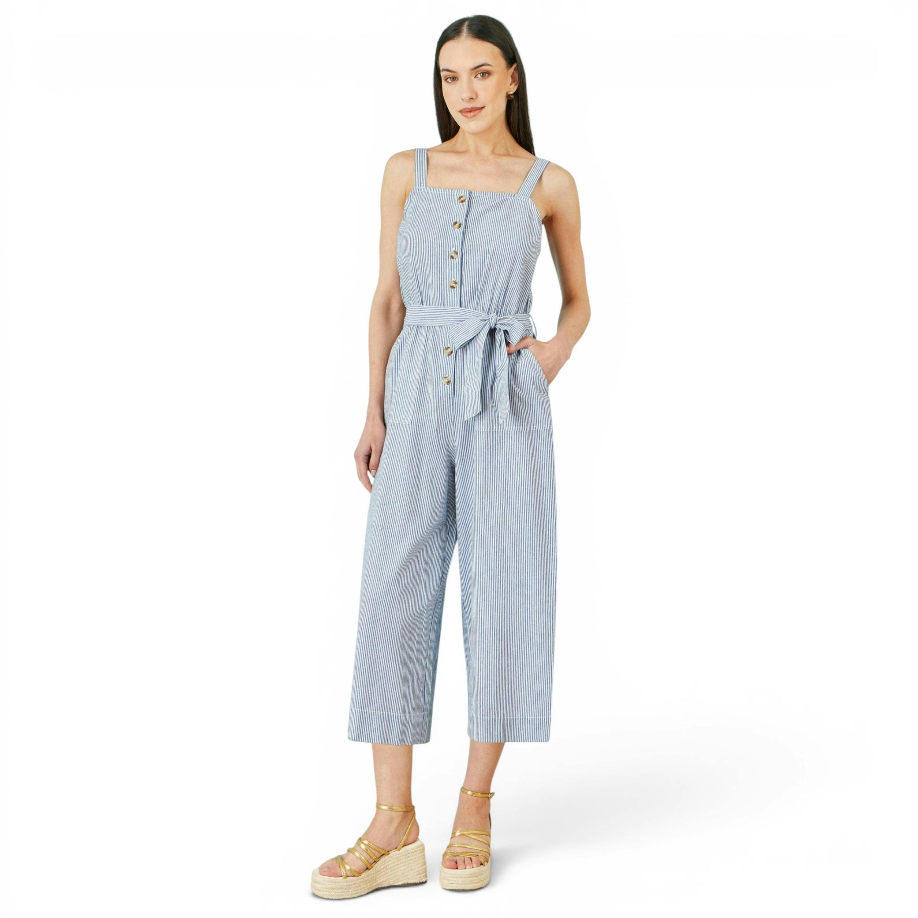 Yumi Blue Cotton Stripe Button Through Jumpsuit , view 6 of 6