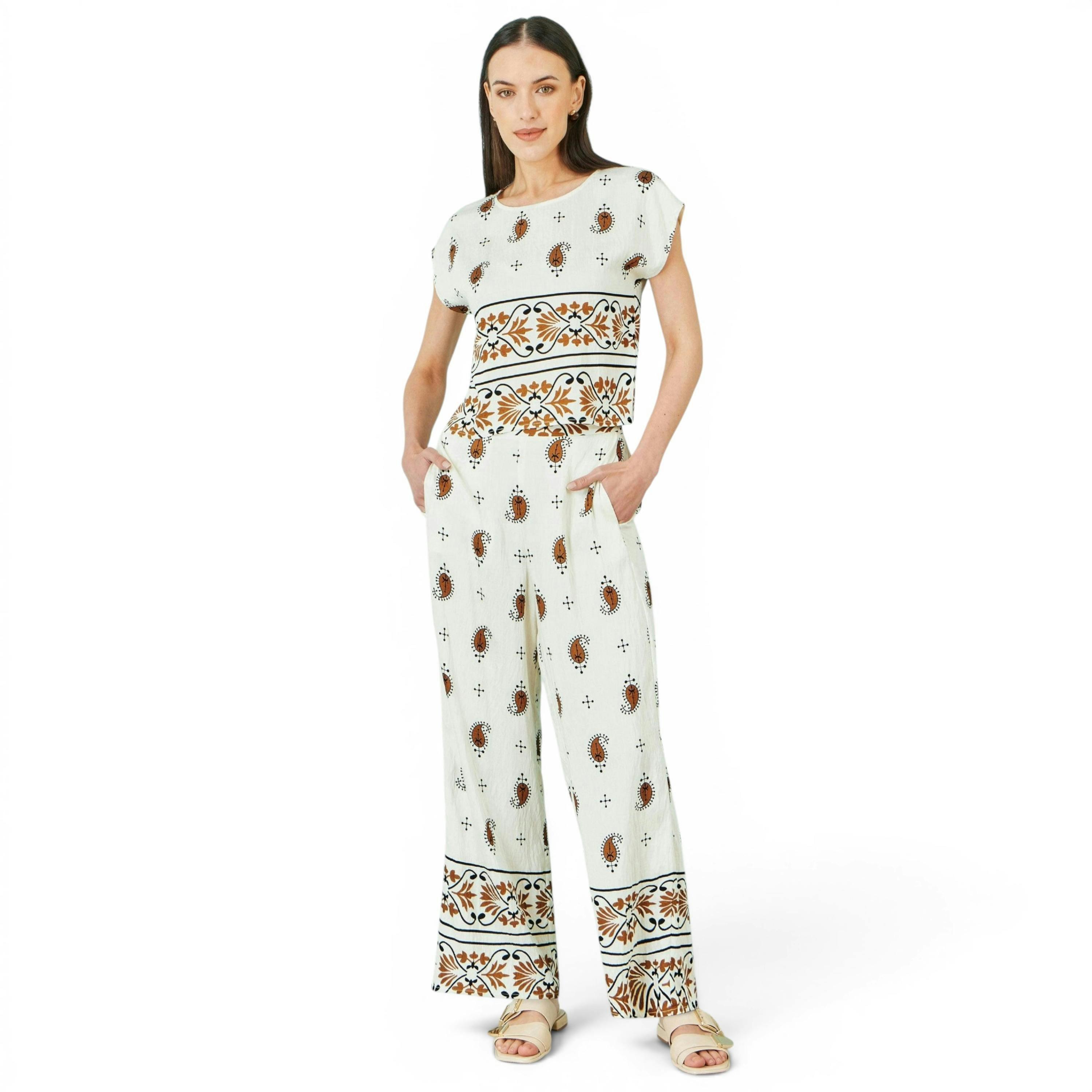 Yumi Ivory Viscose Paisley Wide Leg Trousers , view 1 of 4