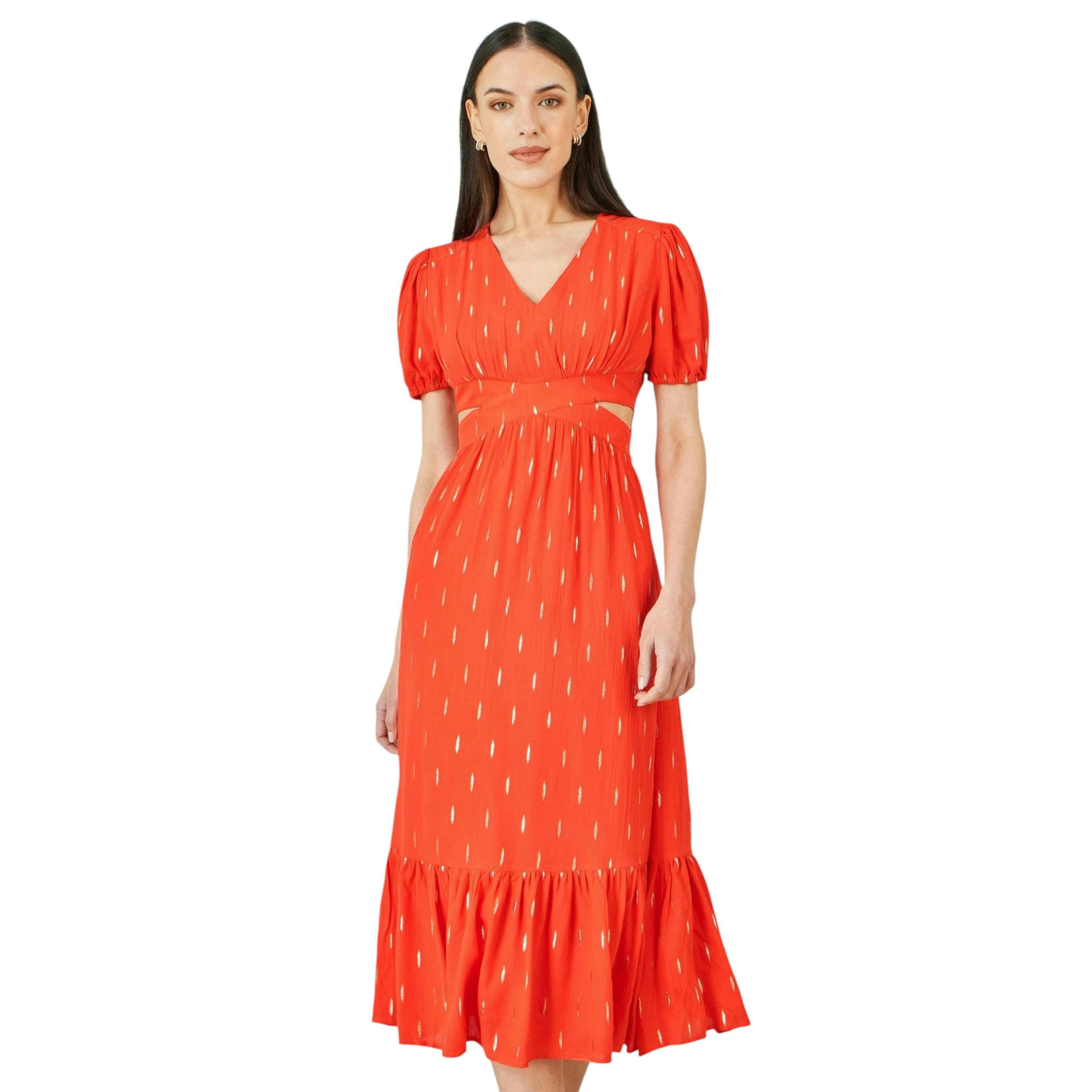 Yumi Orange Foil Print Viscose Cut Out Midi Dress , view 1 of 5