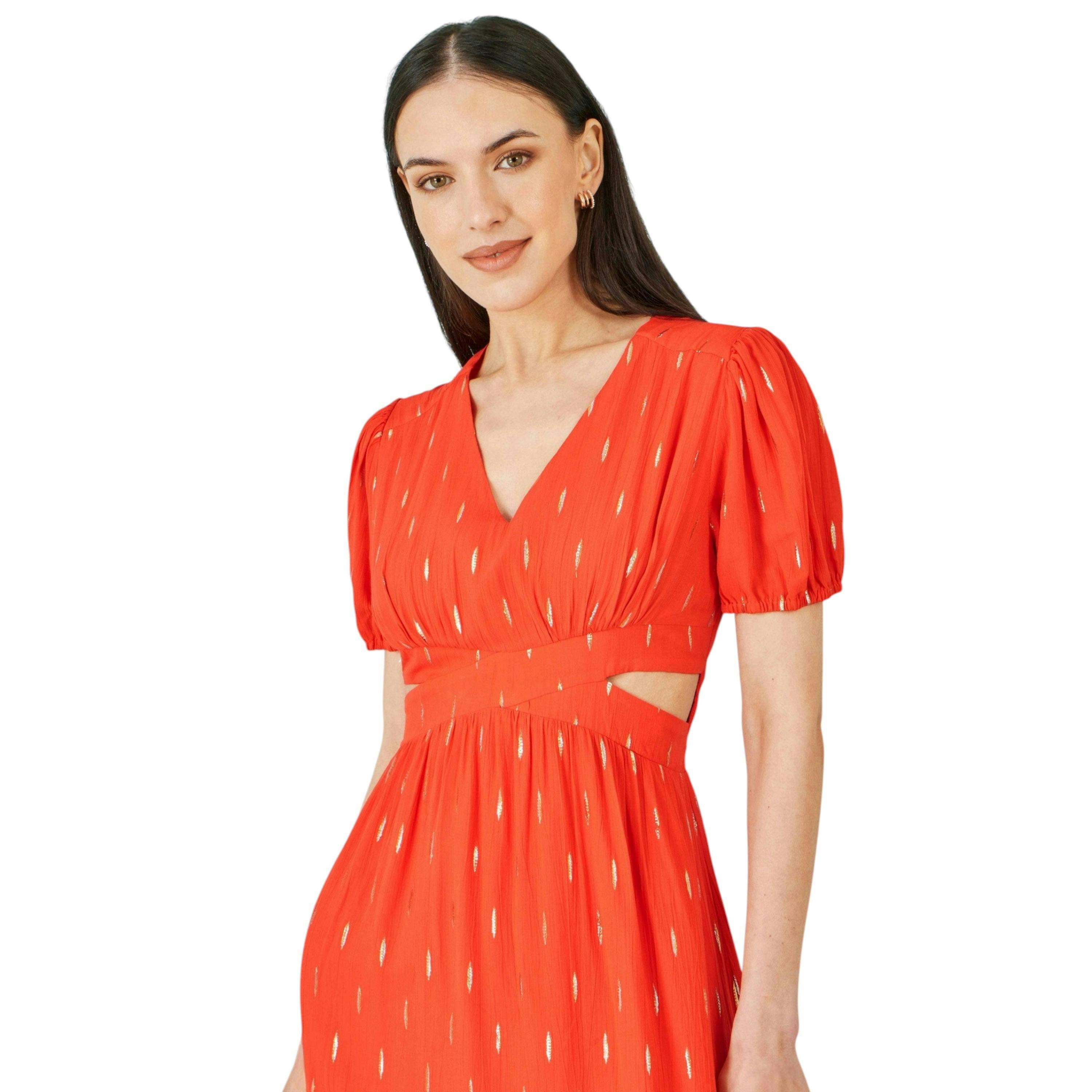 Yumi Orange Foil Print Viscose Cut Out Midi Dress , view 2 of 5