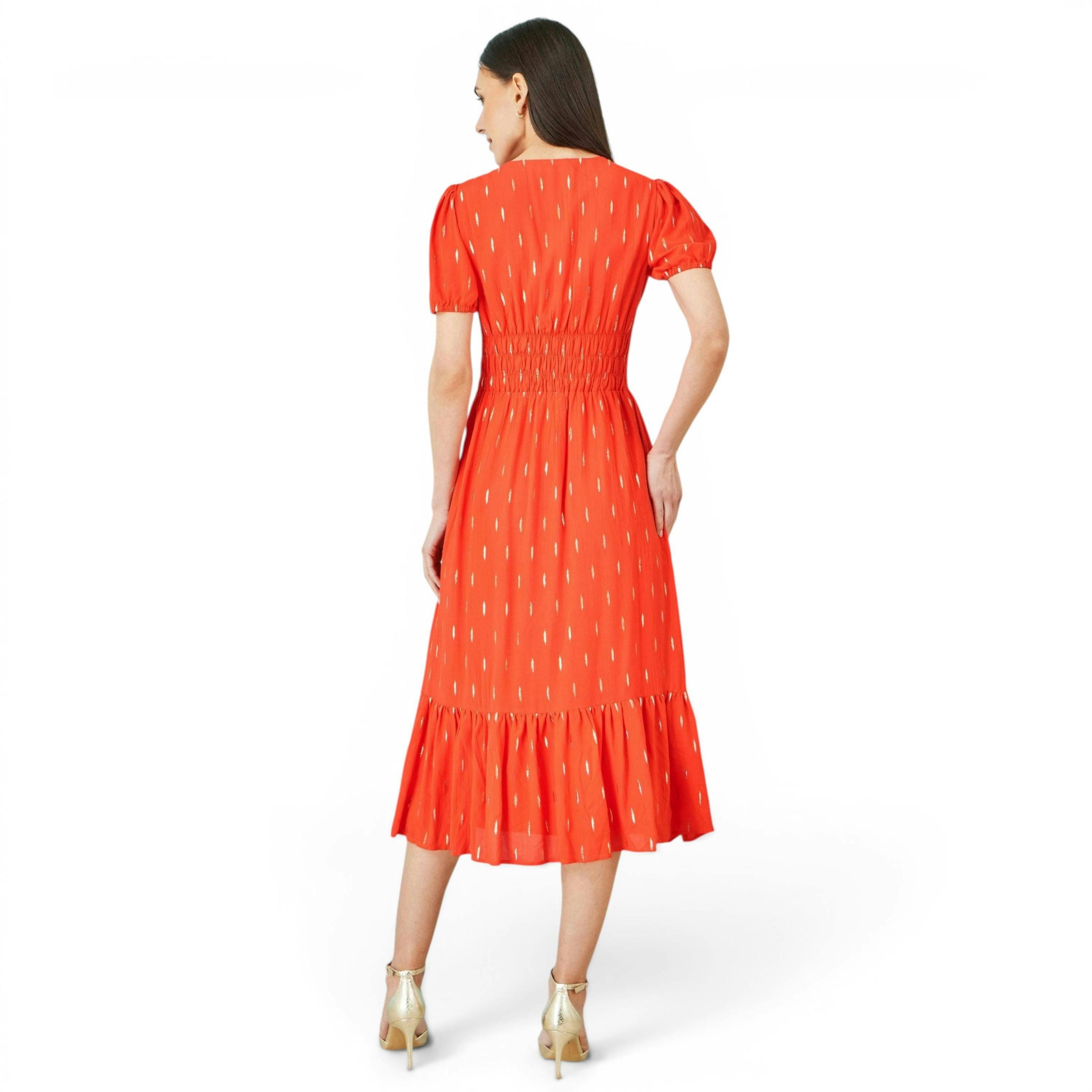Yumi Orange Foil Print Viscose Cut Out Midi Dress , view 3 of 5