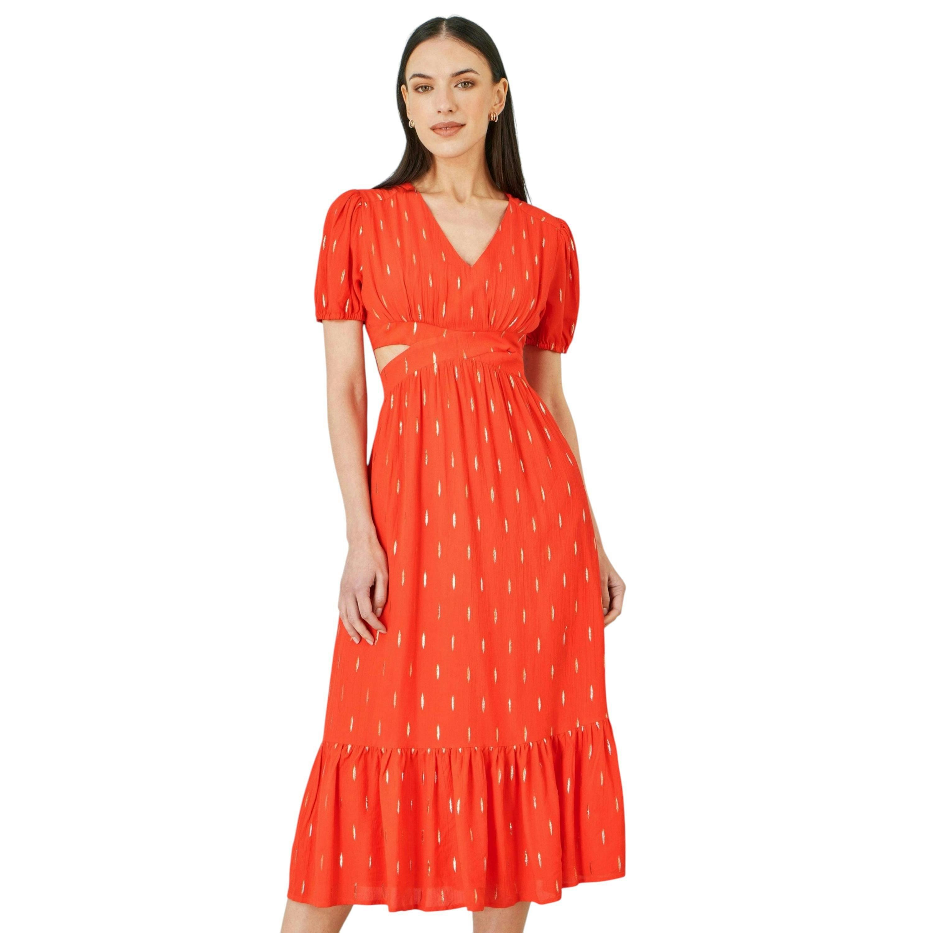 Yumi Orange Foil Print Viscose Cut Out Midi Dress , view 4 of 5